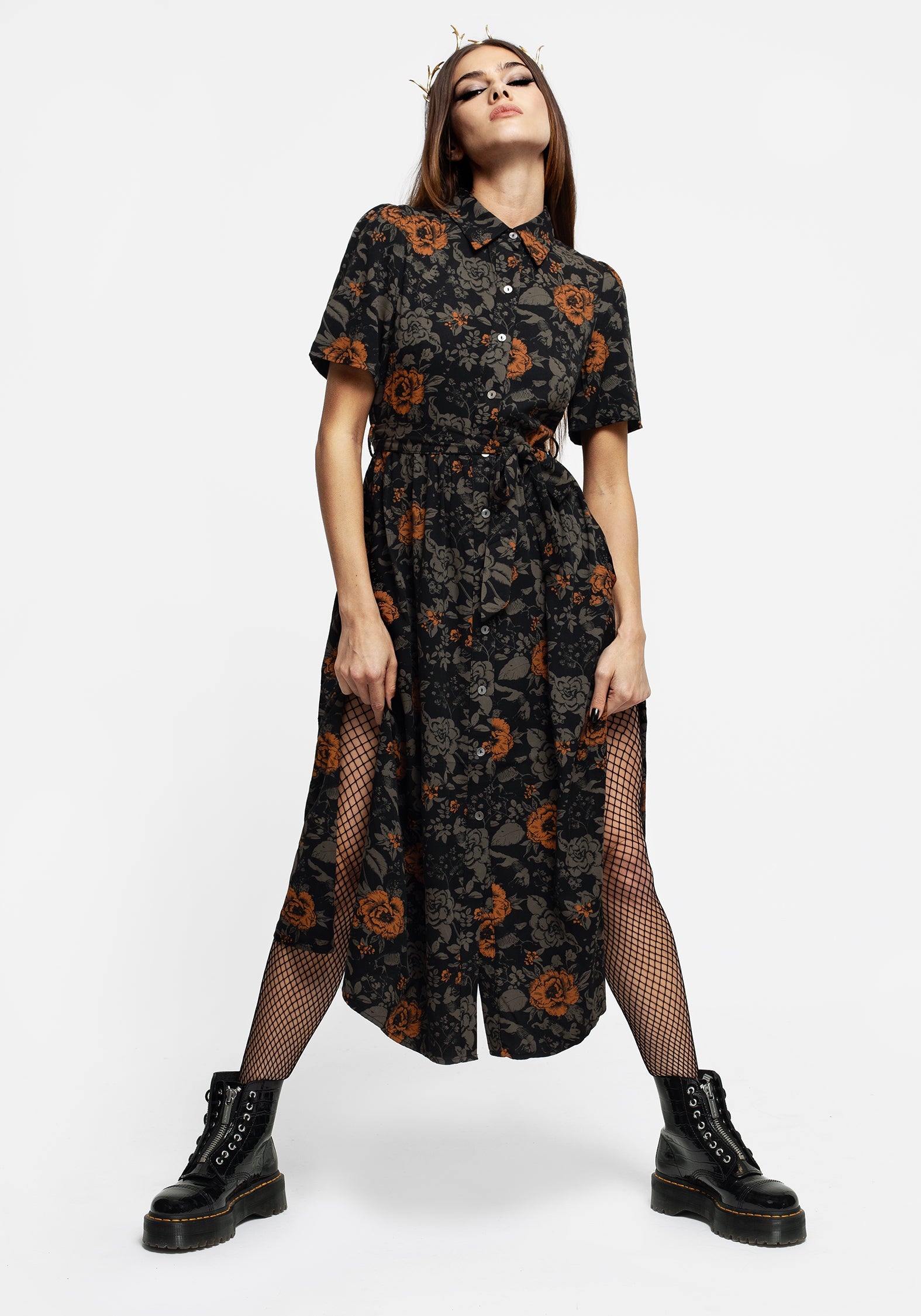 Mortify Blumenmuster Druck Midi Hemd Kleid
