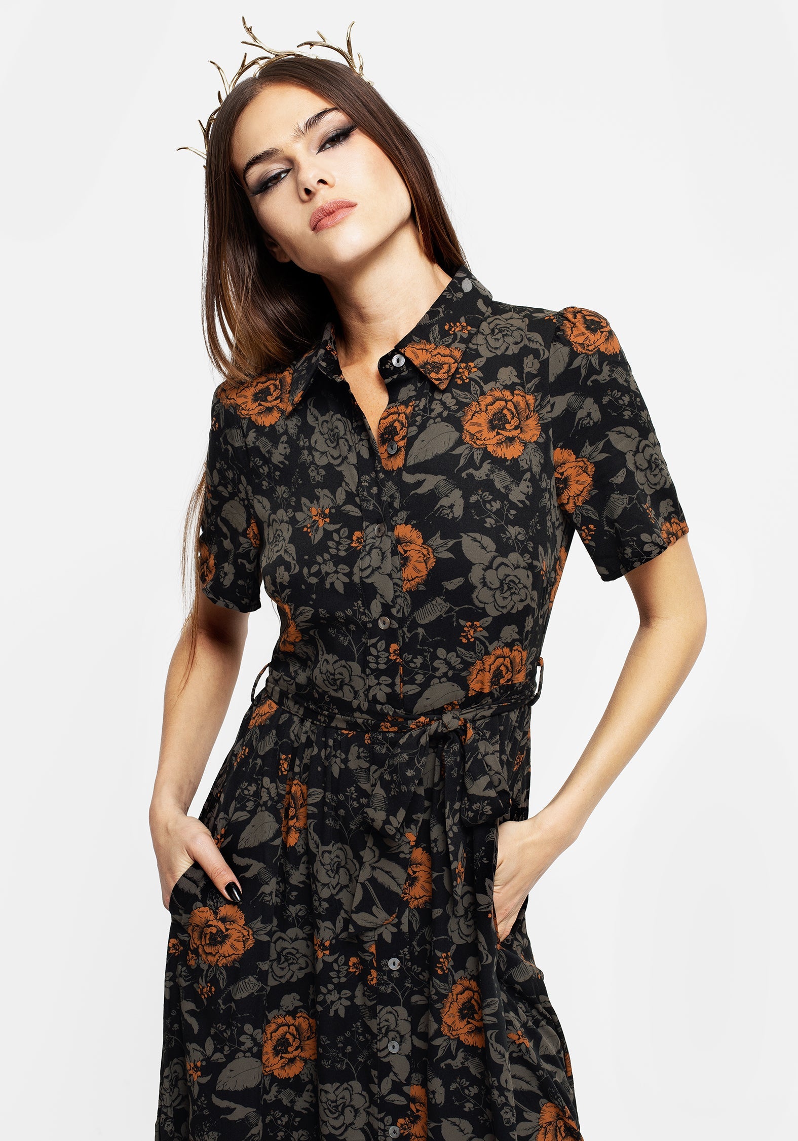 Mortify Blumenmuster Druck Midi Hemd Kleid
