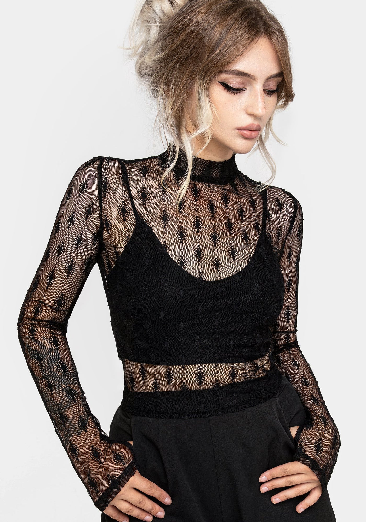 mesh top dress with sleeves Essendi Long Sleeve Mesh Top