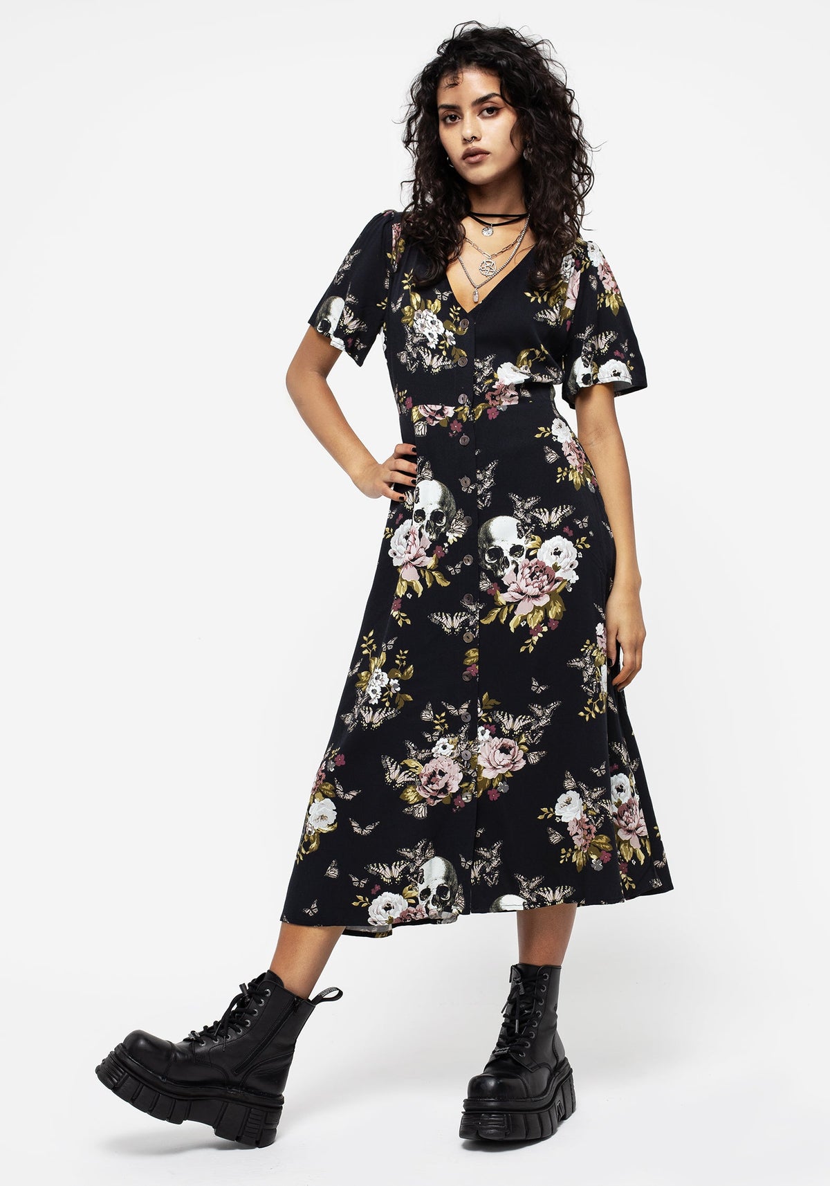 Revival Blumenmuster Knopf Hoch Midi Kleid