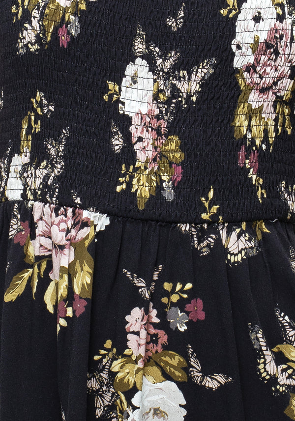 Revival Blumenmuster Puffärmel Ärmel Gerafft Mini Kleid