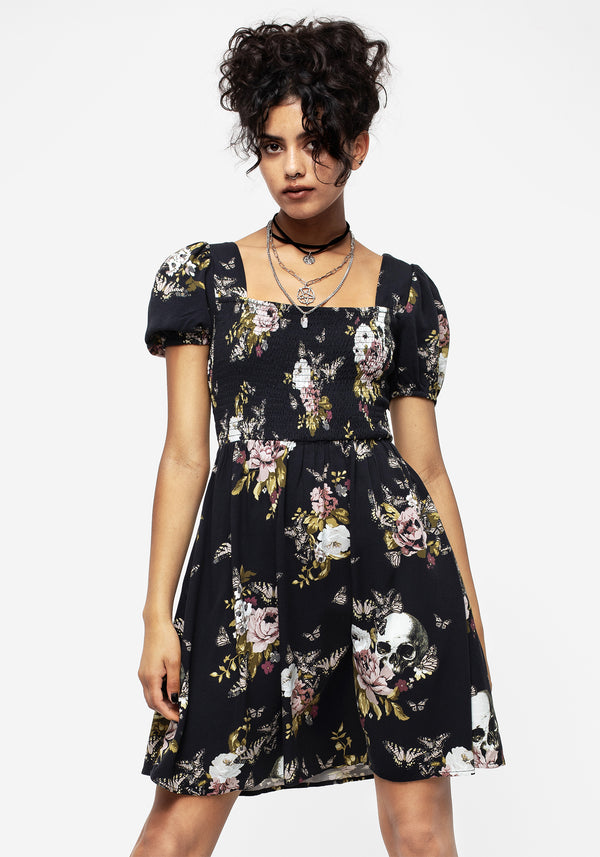 Revival Blumenmuster Puffärmel Ärmel Gerafft Mini Kleid
