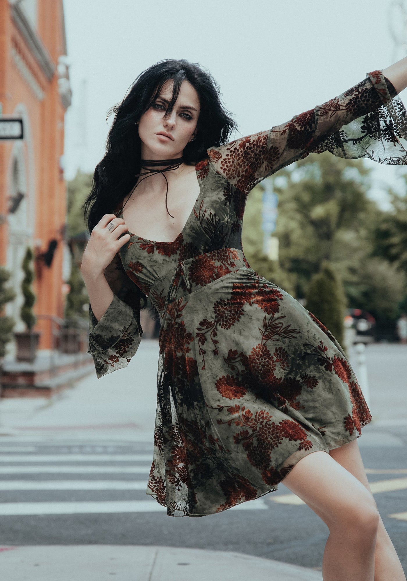 rosaleigh flock velour mesh short sleeved midaxi dress Rosaleigh Flock Velour Mesh Flare Sleeve Mini Dress | Dresses