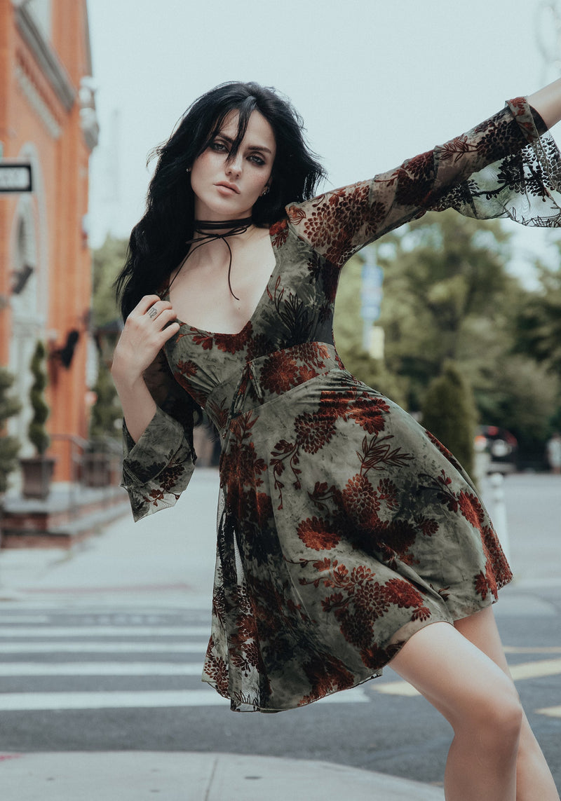 Rosaleigh Flock Velour Mesh Flare Sleeve Mini Dress Rosaleigh Flock Velour Mesh Flare Sleeve Mini Dress