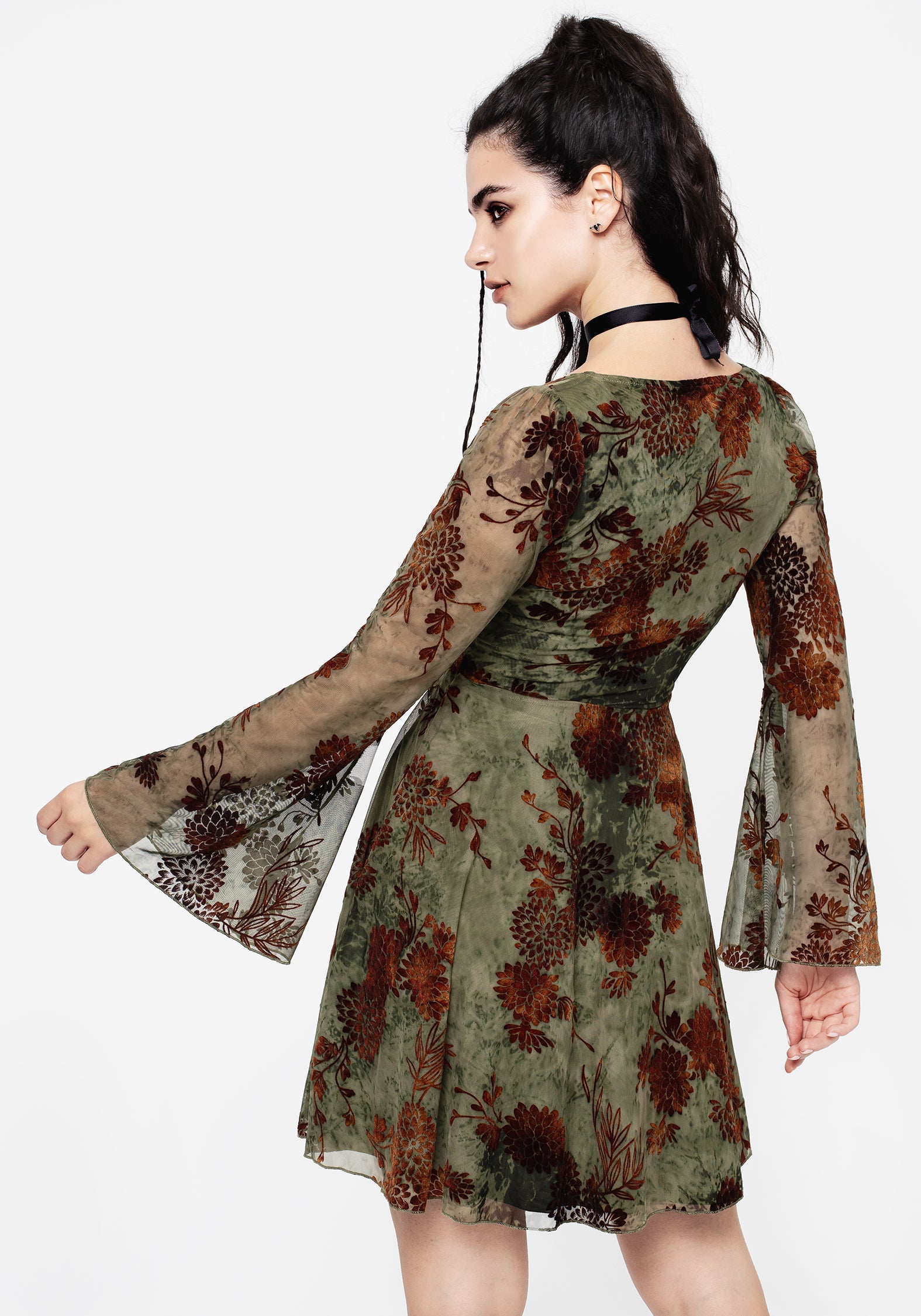 Rosaleigh Flockdruck Velours Mesh Ausgestellt Ärmel Mini Kleid