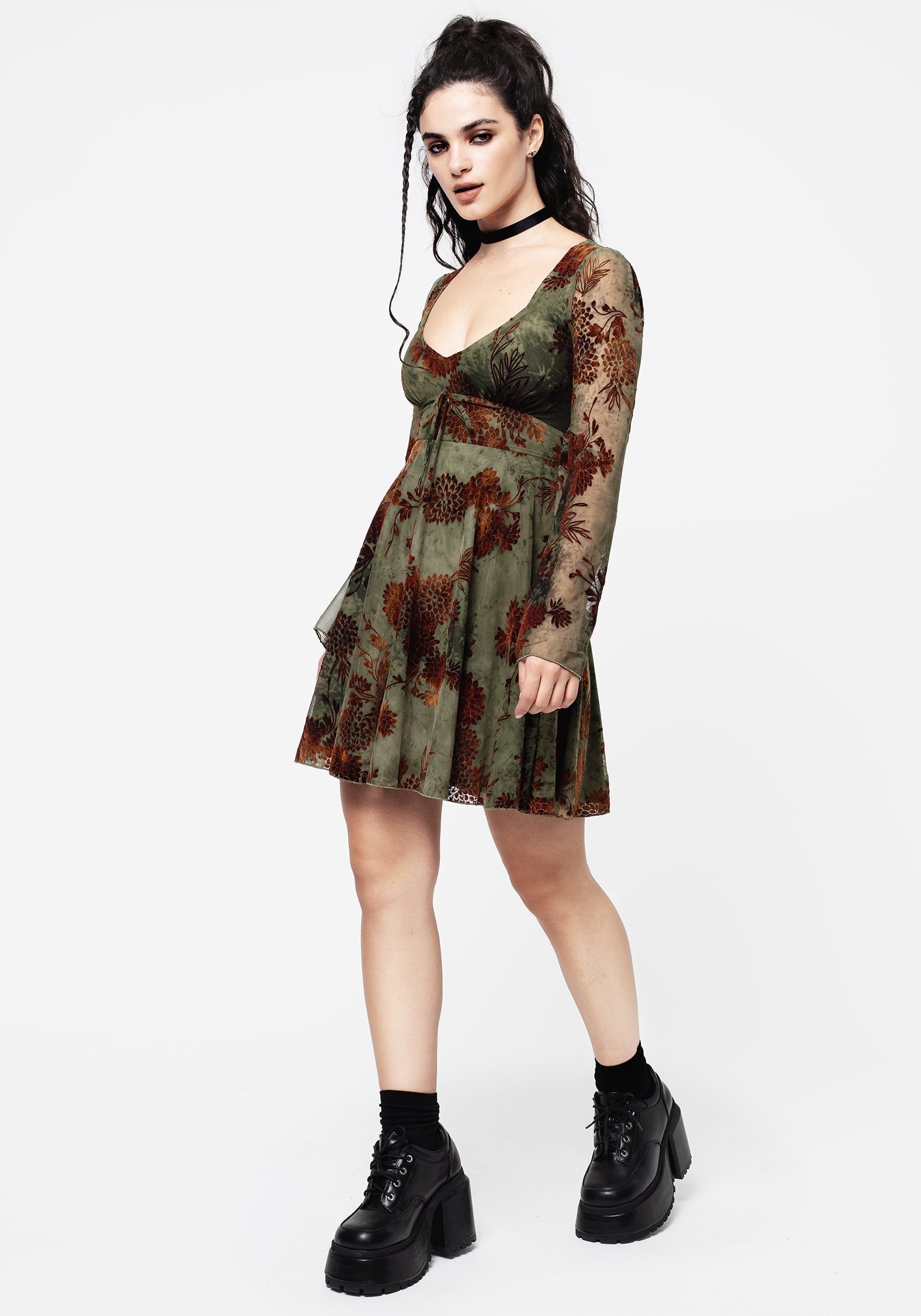 Rosaleigh Flockdruck Velours Mesh Ausgestellt Ärmel Mini Kleid