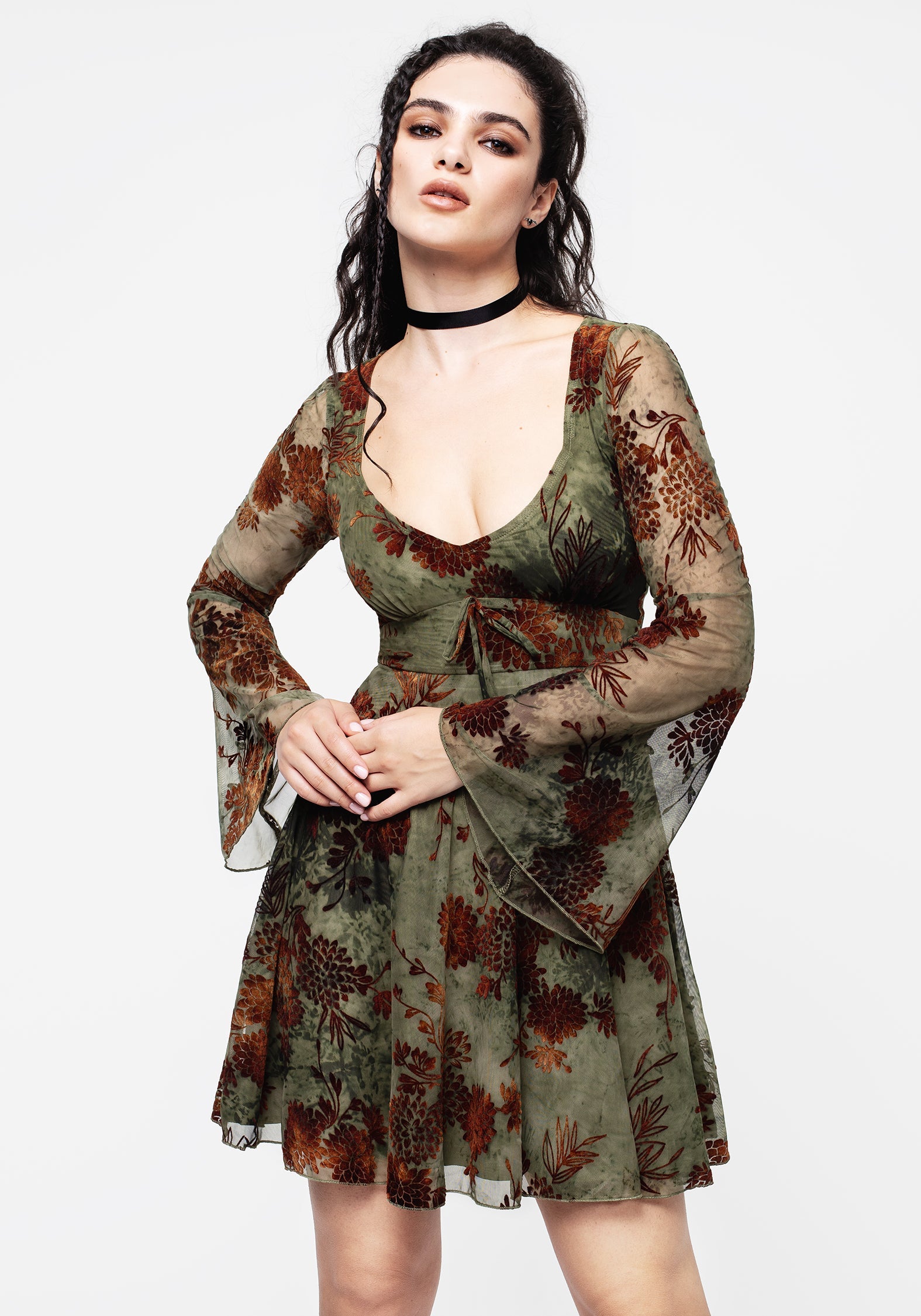 ワンピース SMOKE FLOWER FLARE DRESS Disturbia | Rosaleigh Flock Velour Mesh Flare Sleeve Mini Dress