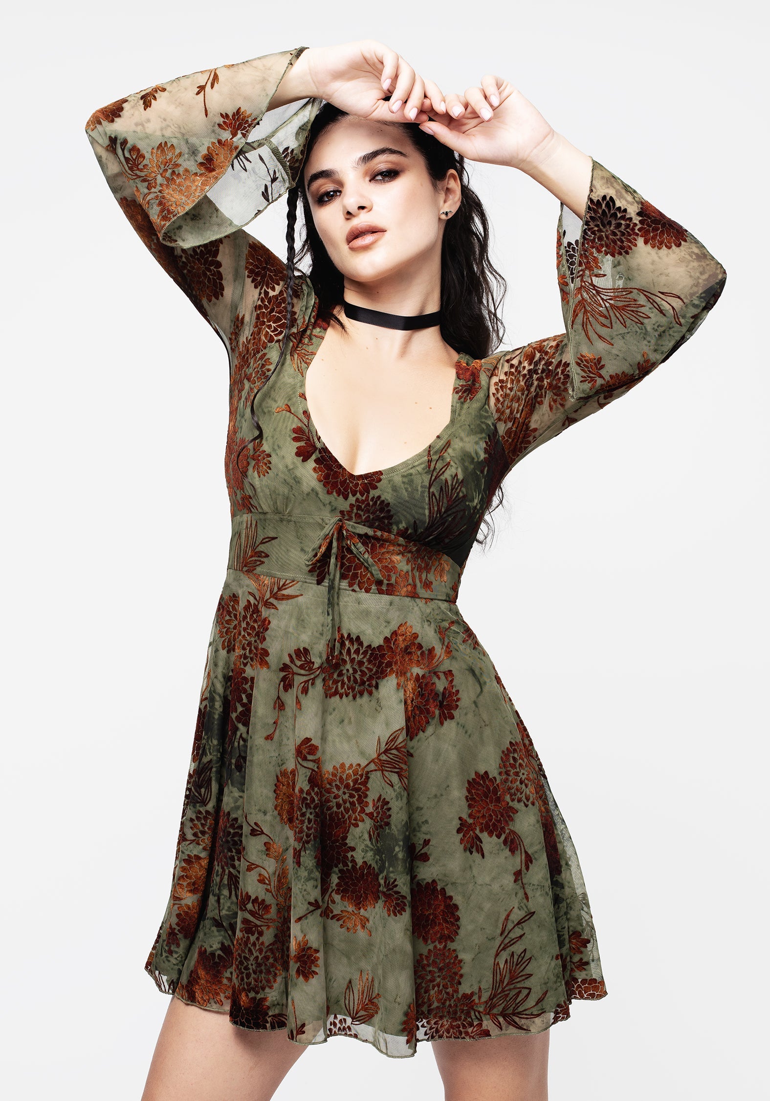 Rosaleigh Flockdruck Velours Mesh Ausgestellt Ärmel Mini Kleid