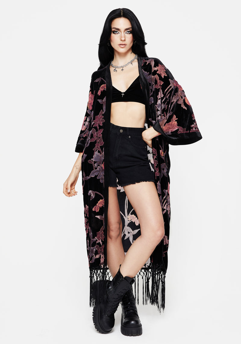 Waterlily Burnout Fringe Besatz Langschnitt Kimono