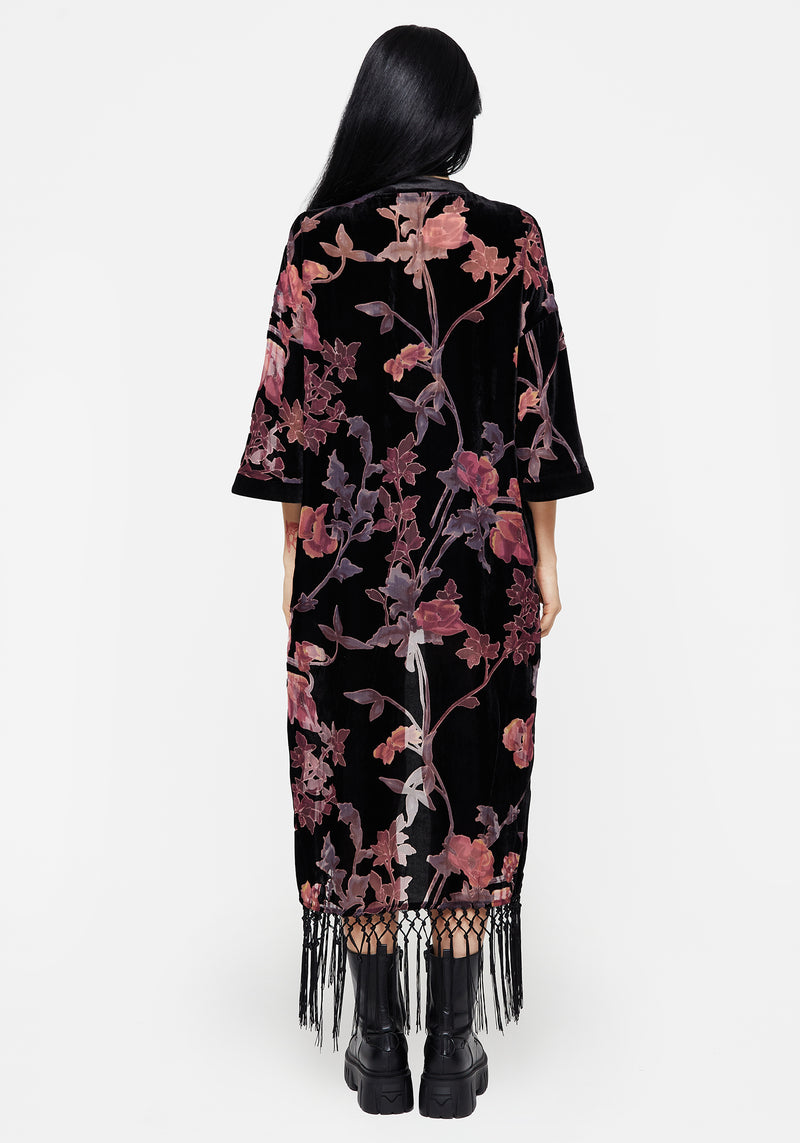 Waterlily Burnout Fringe Besatz Langschnitt Kimono