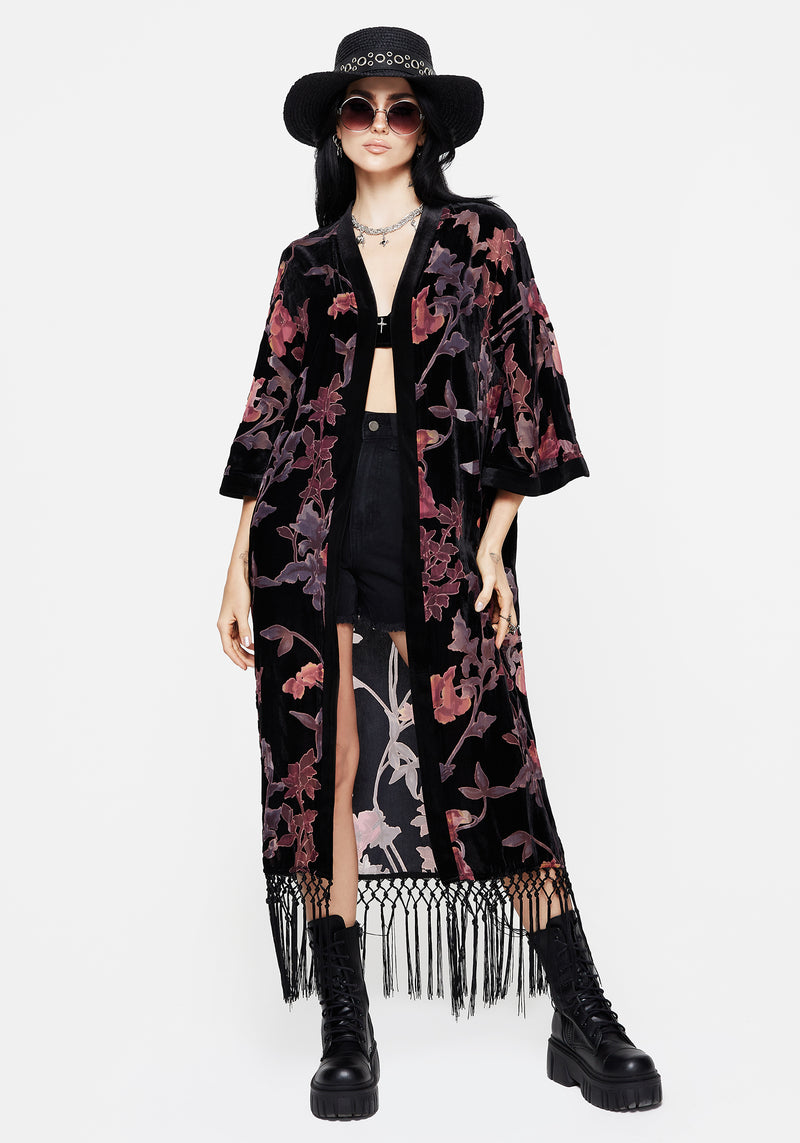 Waterlily Burnout Fringe Besatz Langschnitt Kimono