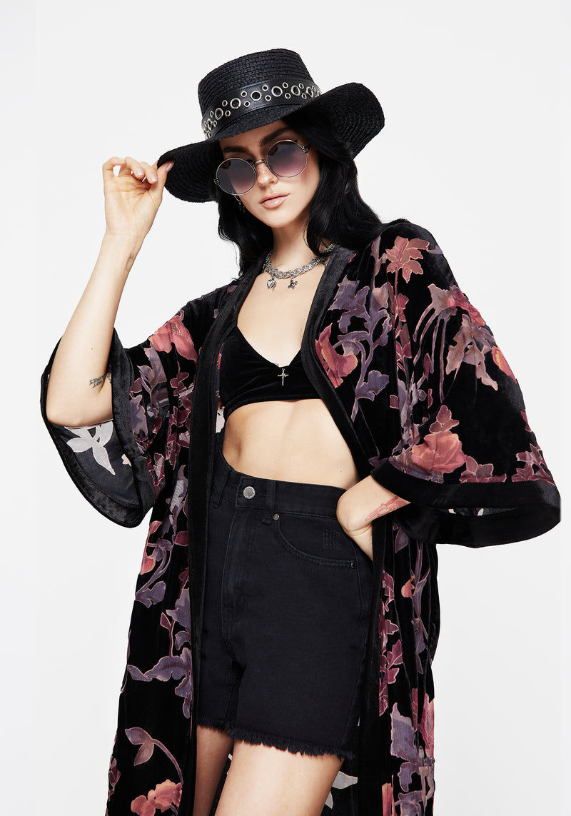 Waterlily Burnout Fringe Besatz Langschnitt Kimono