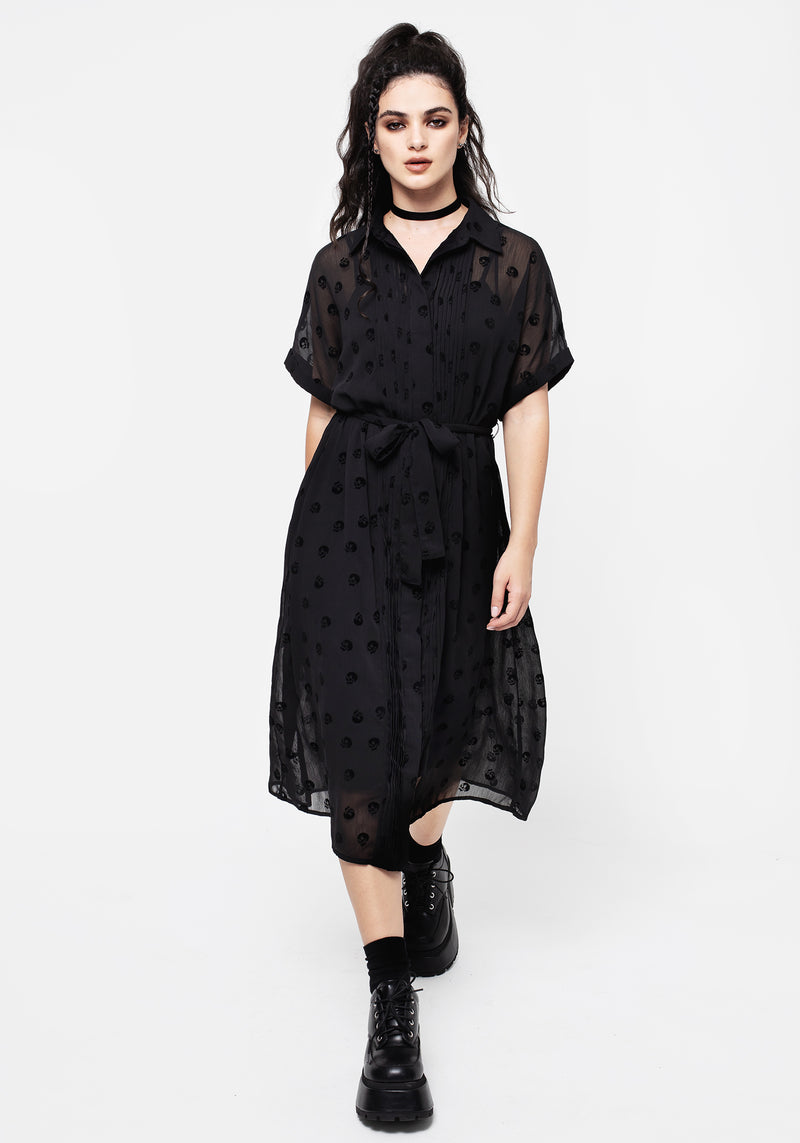 Bones Beflockt Biesen Chiffon Midi Hemd Kleid