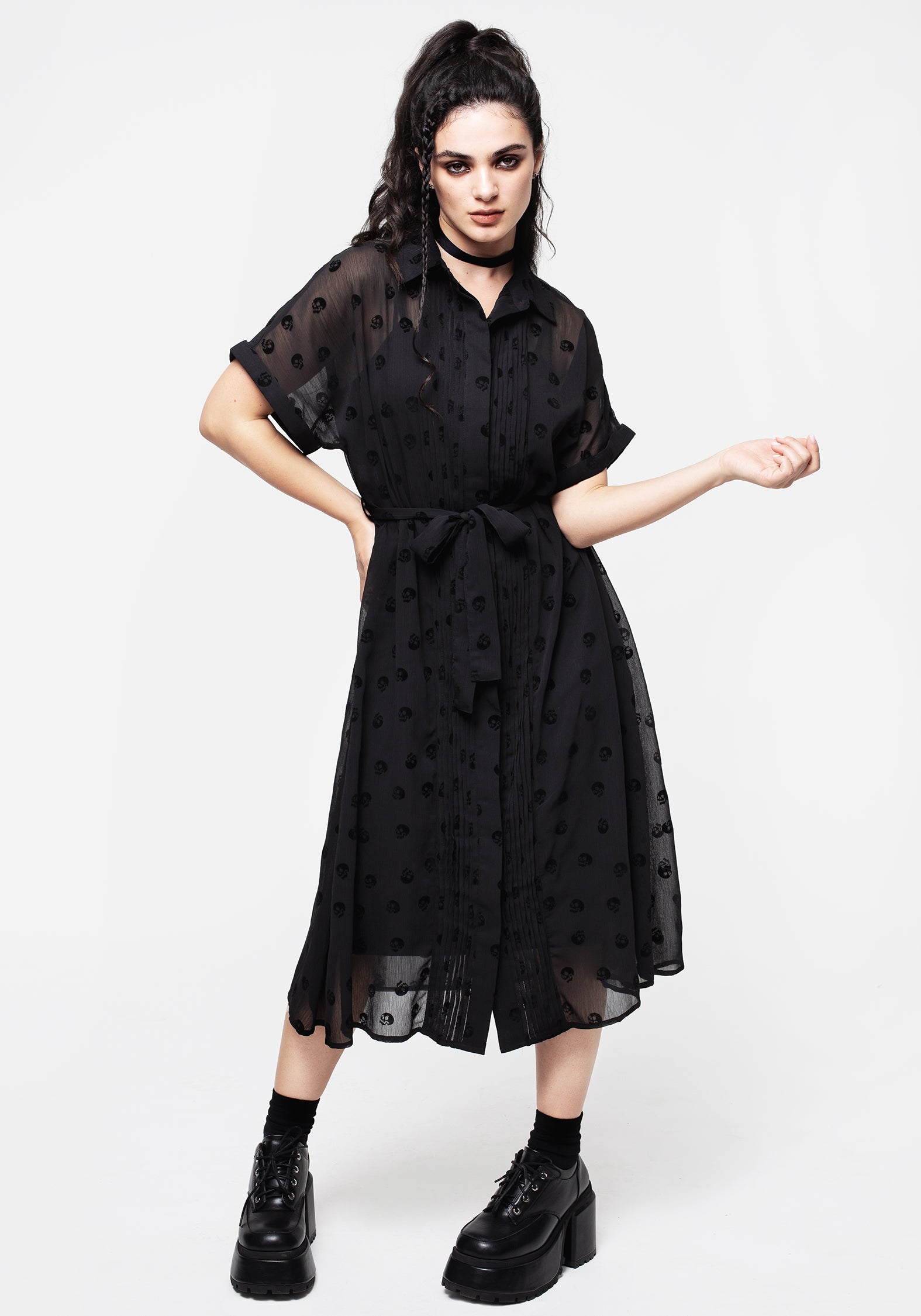 Bones Beflockt Biesen Chiffon Midi Hemd Kleid