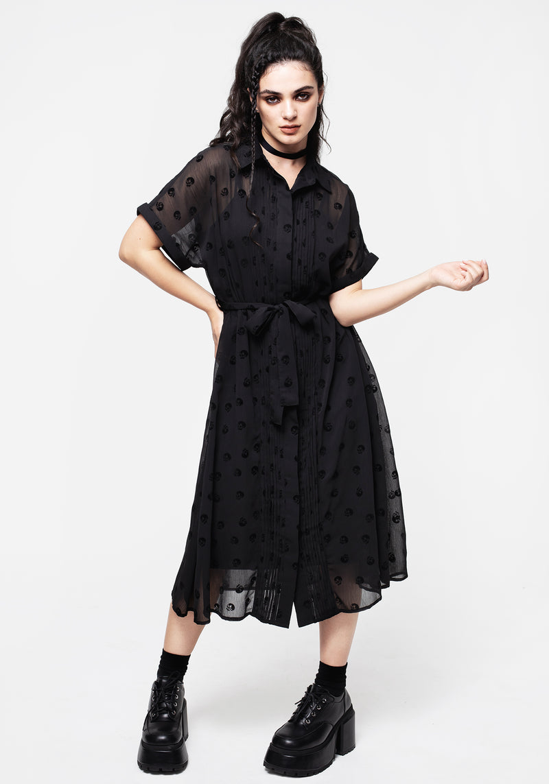 Bones Beflockt Biesen Chiffon Midi Hemd Kleid