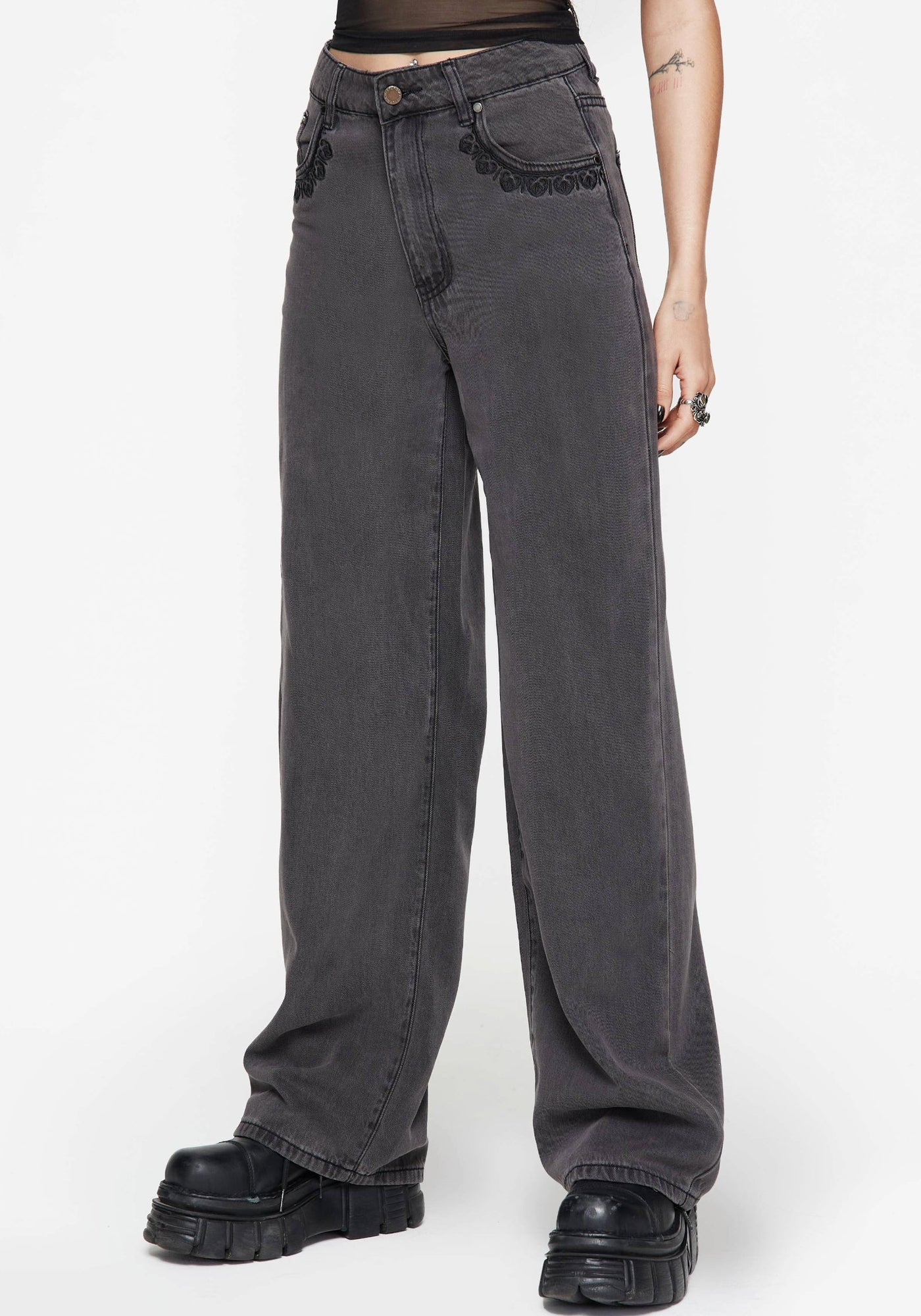 Nara Wide Leg Distressed Gothic Embroidery Jeans – Disturbia