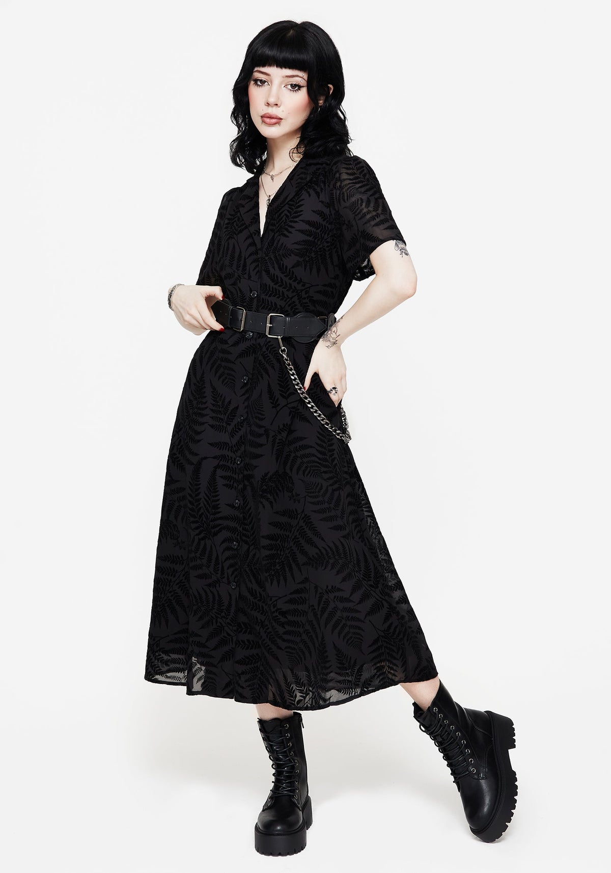 Lunafern Farn Bedruckt Gürtel Midi Hemd Kleid