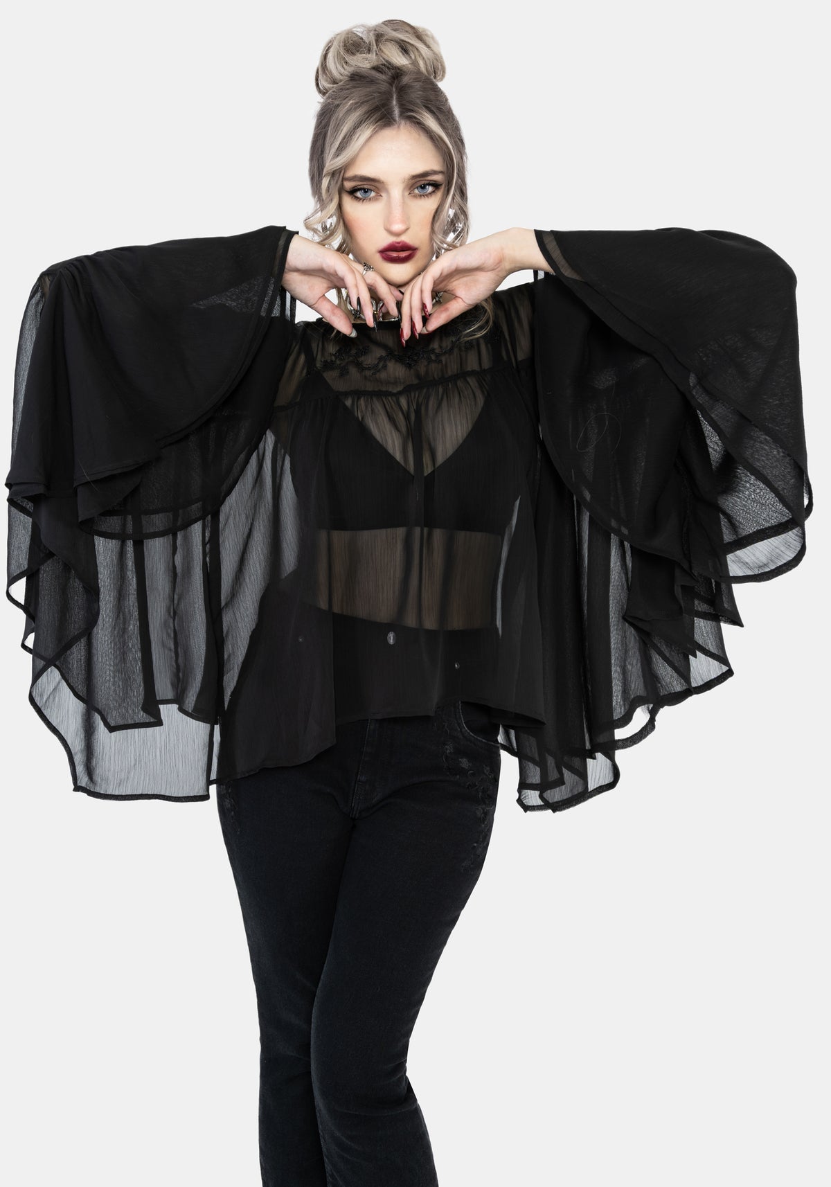Noire Geriffelt Manschette Chiffon Bluse
