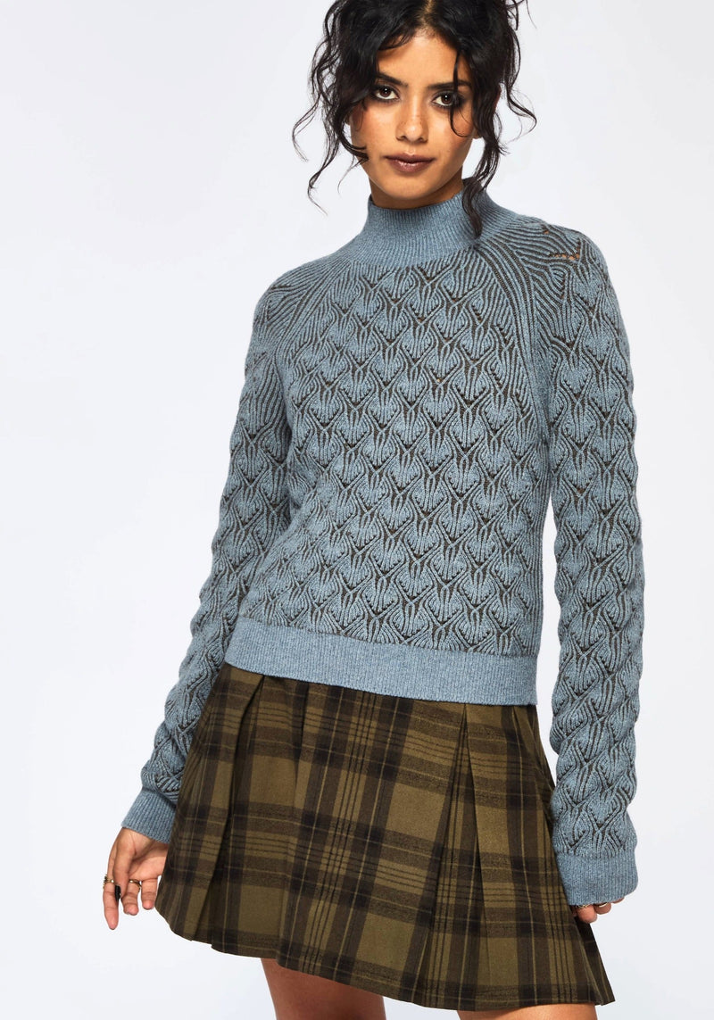 Edna Baumwolle Blatt Ribbed Funnel Hals Pullover