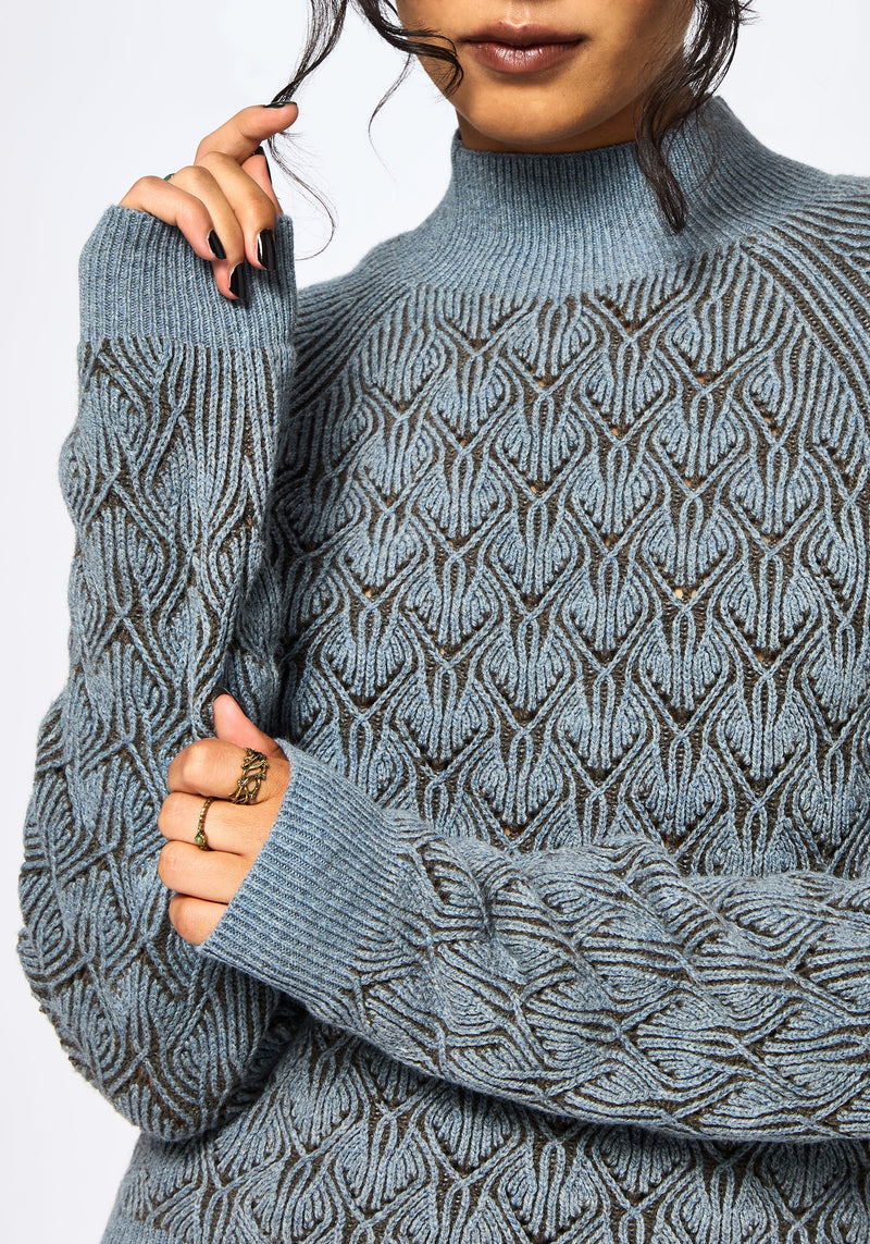 Edna Baumwolle Blatt Ribbed Funnel Hals Pullover