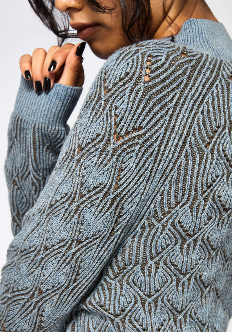 Edna Baumwolle Blatt Ribbed Funnel Hals Pullover