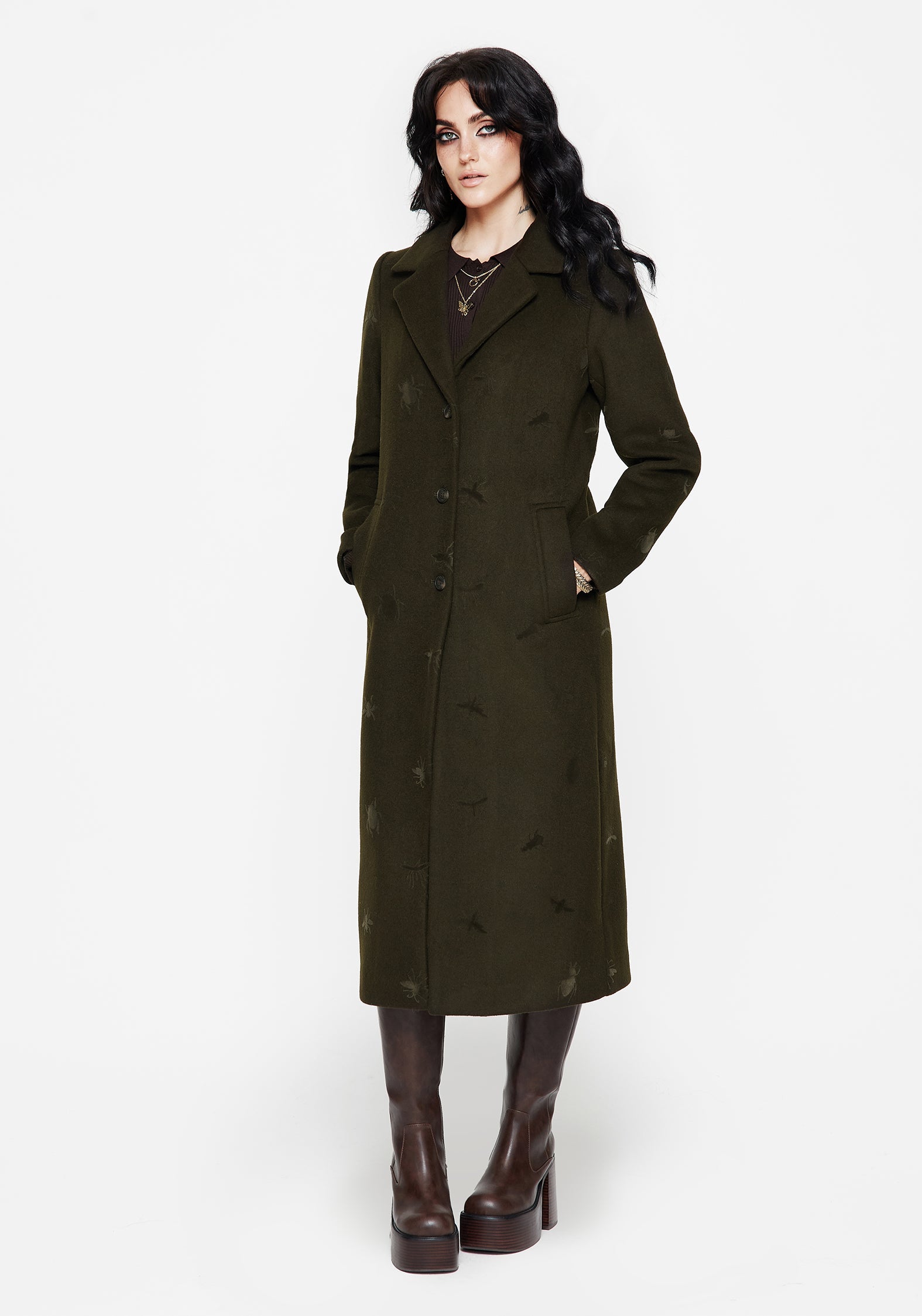 Evelyn Wool-Blend Käfer Geprägt Langschnitt Mantel