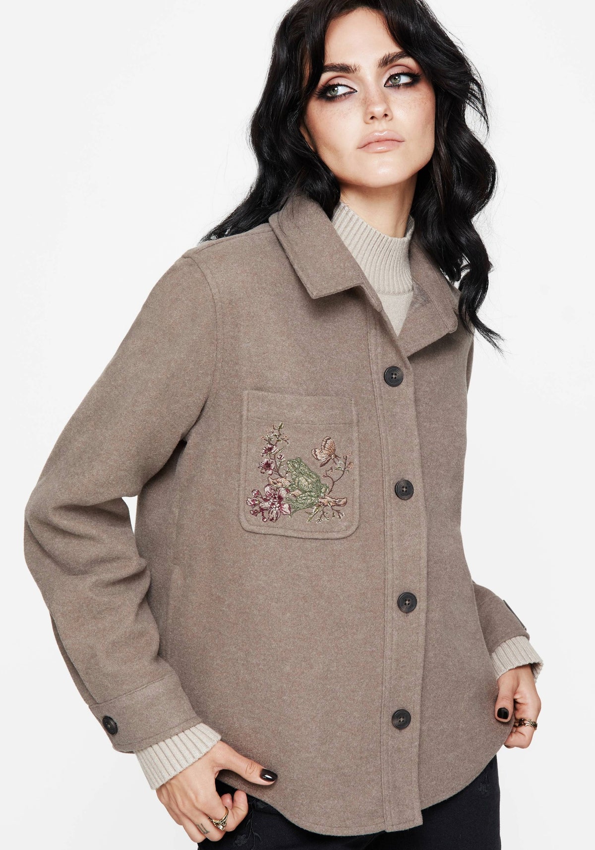Cordelia Blumenmuster Frosch Bestickt Tasche Vorderseite Hemdjacke