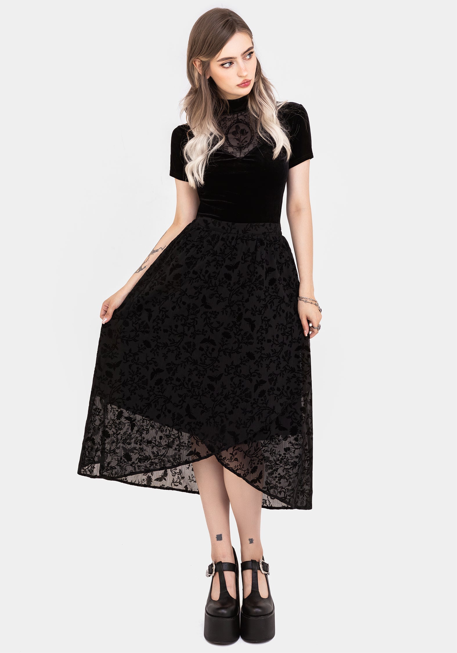 Faustina Beflockt Chiffon Stehkragen Wickel Midaxi Rock