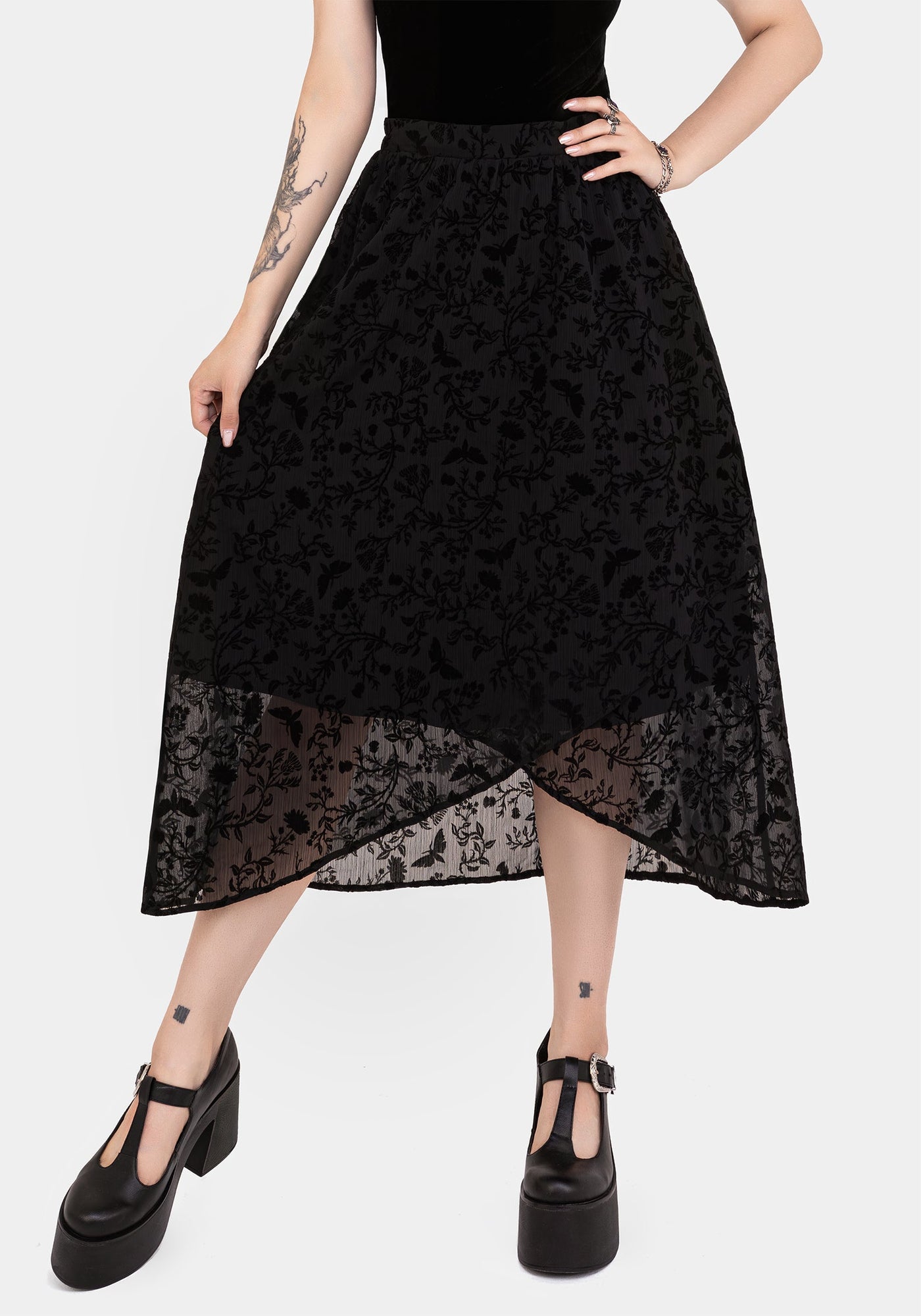 Faustina Flocked Chiffon Mock Wrap Midaxi Skirt – Disturbia