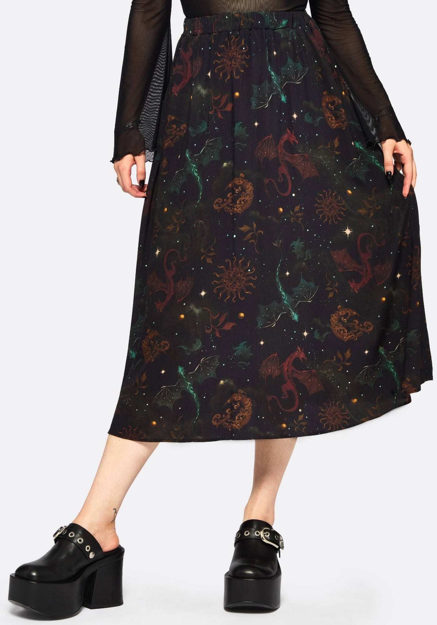 【新品未使用】PHERE Phekda Narrow Skirt_black Phoenix Dragon Printed Pleated Midi Skirt – Disturbia