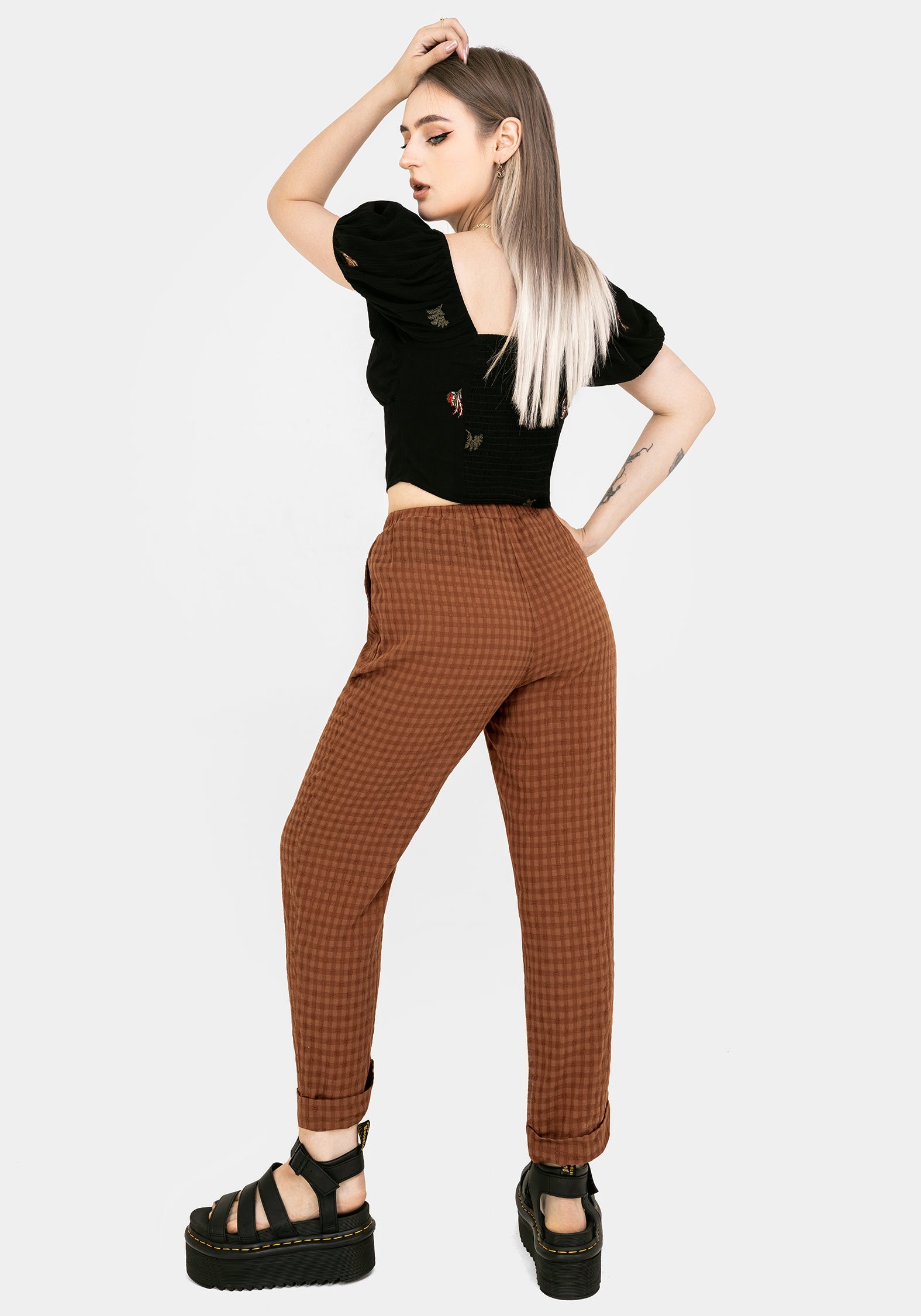 Soleil Cotton-Blend Check Tapered Trouser