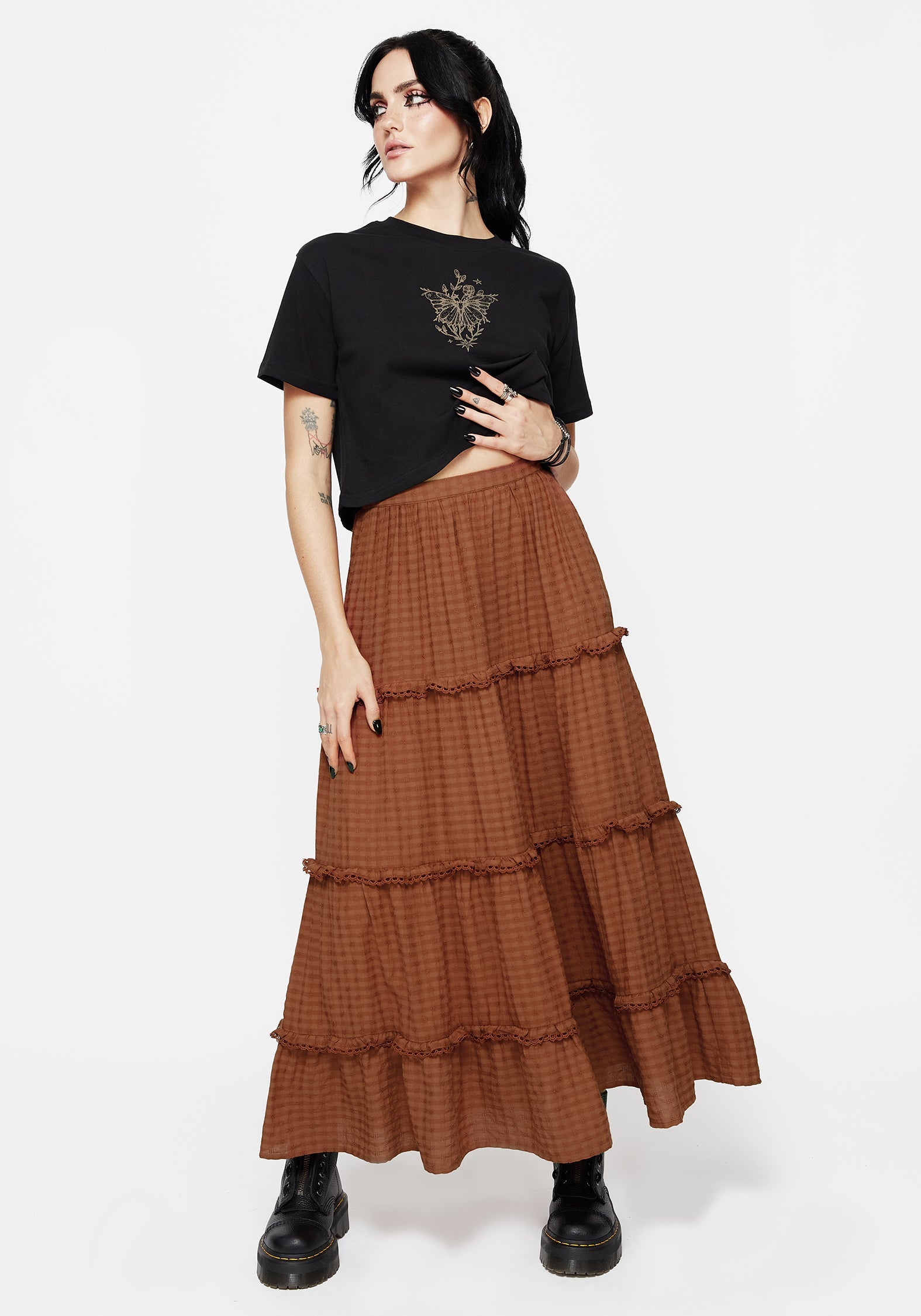 Soleil Cotton-Blend Prüfen Gestuft Maxi Rock