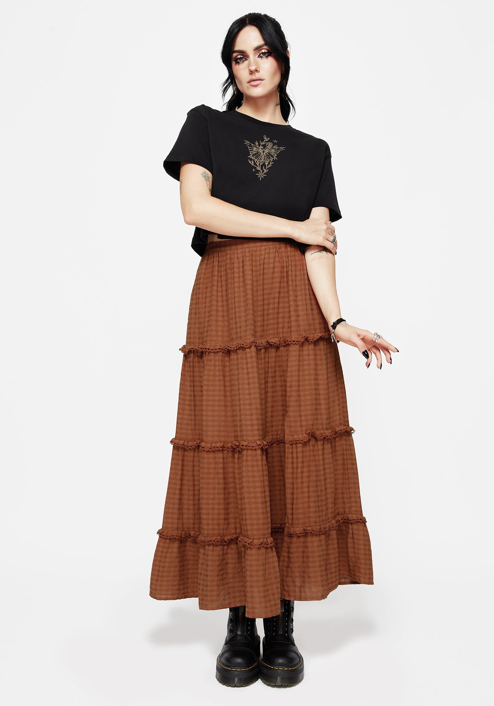 Soleil Cotton-Blend Prüfen Gestuft Maxi Rock