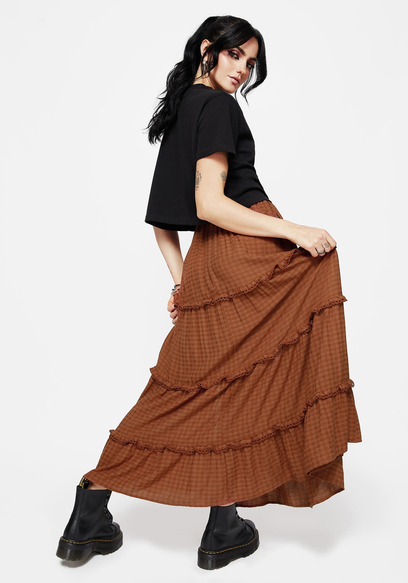 Soleil Cotton-Blend Prüfen Gestuft Maxi Rock
