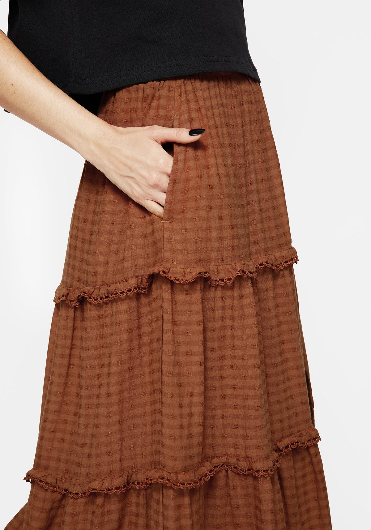Soleil Cotton-Blend Prüfen Gestuft Maxi Rock