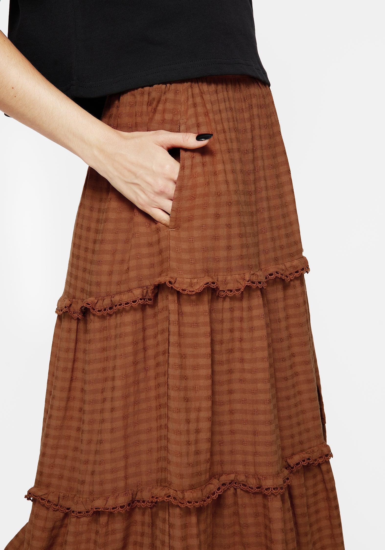 Soleil Cotton-Blend Prüfen Gestuft Maxi Rock
