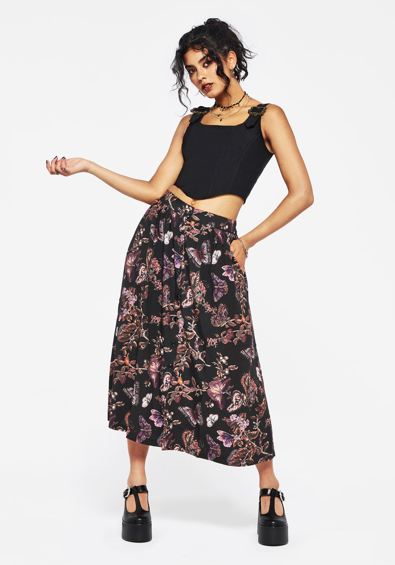 Eloise Blumenmuster Schmetterling Druck Knopf Hoch Midi Rock