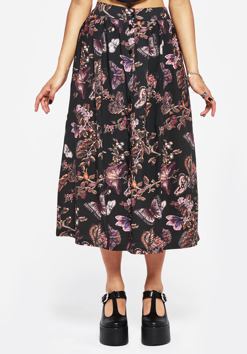 Eloise Blumenmuster Schmetterling Druck Knopf Hoch Midi Rock