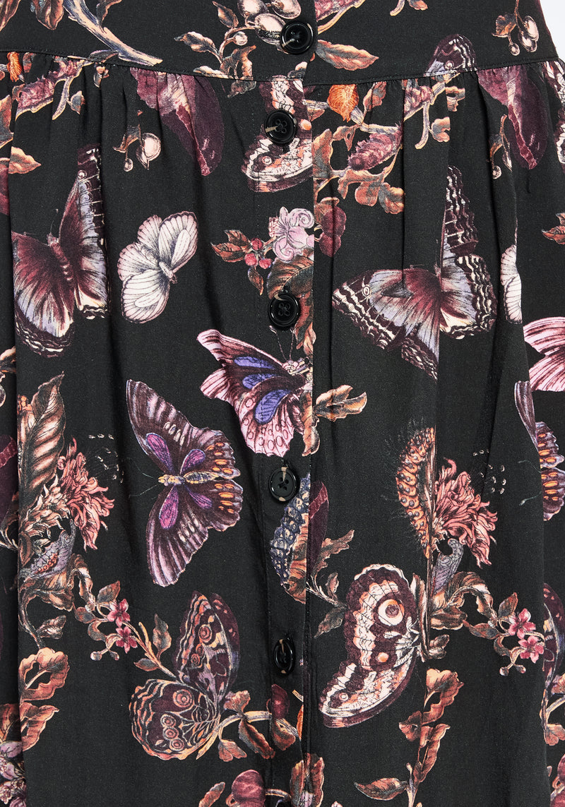 Eloise Blumenmuster Schmetterling Druck Knopf Hoch Midi Rock