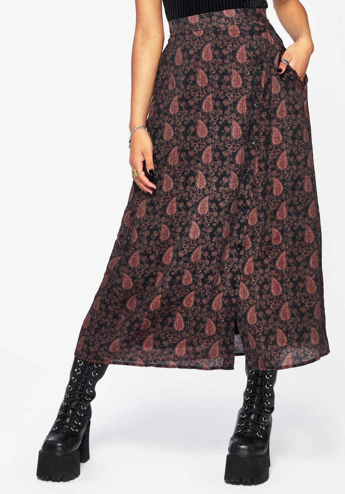 Isola Paisley Druck Asymmetrisch Knopf Hoch Midaxi Rock