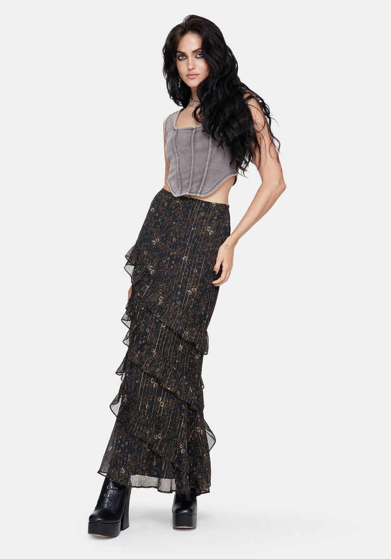 Astralis Floral Stripe Asymmetric Ruffle Tiered Maxi Skirt