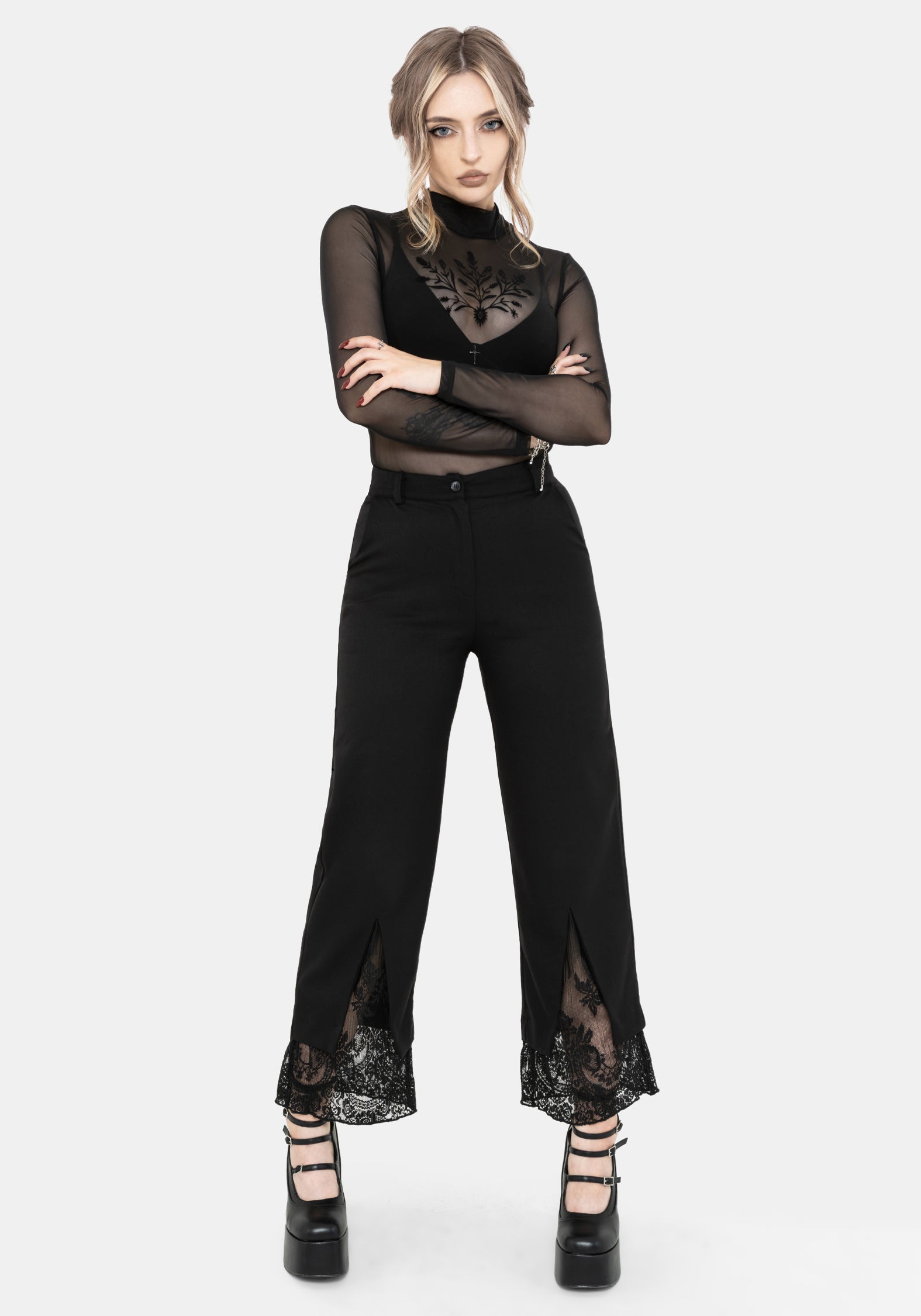 Orchid Lace Insert Pleated Hem Straight Leg Trouser