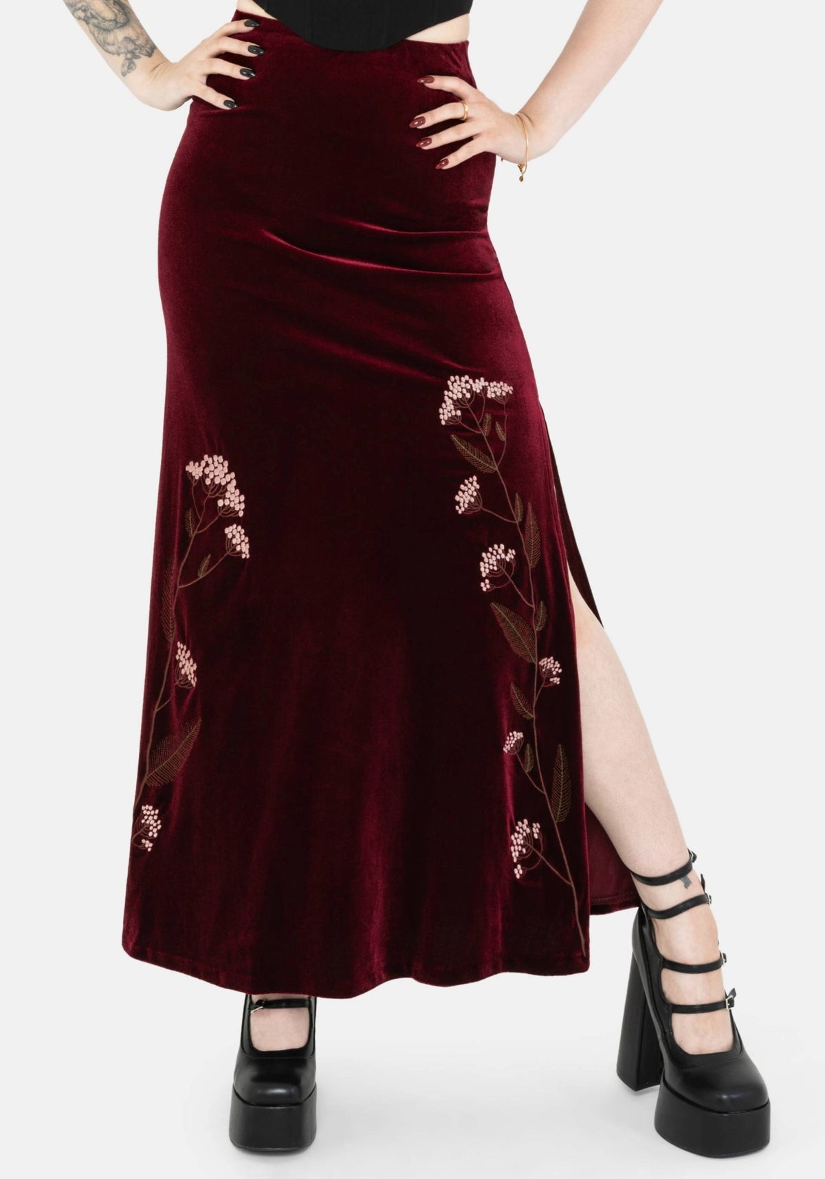Virosa Blumenmuster Bestickt Velours Maxi Rock