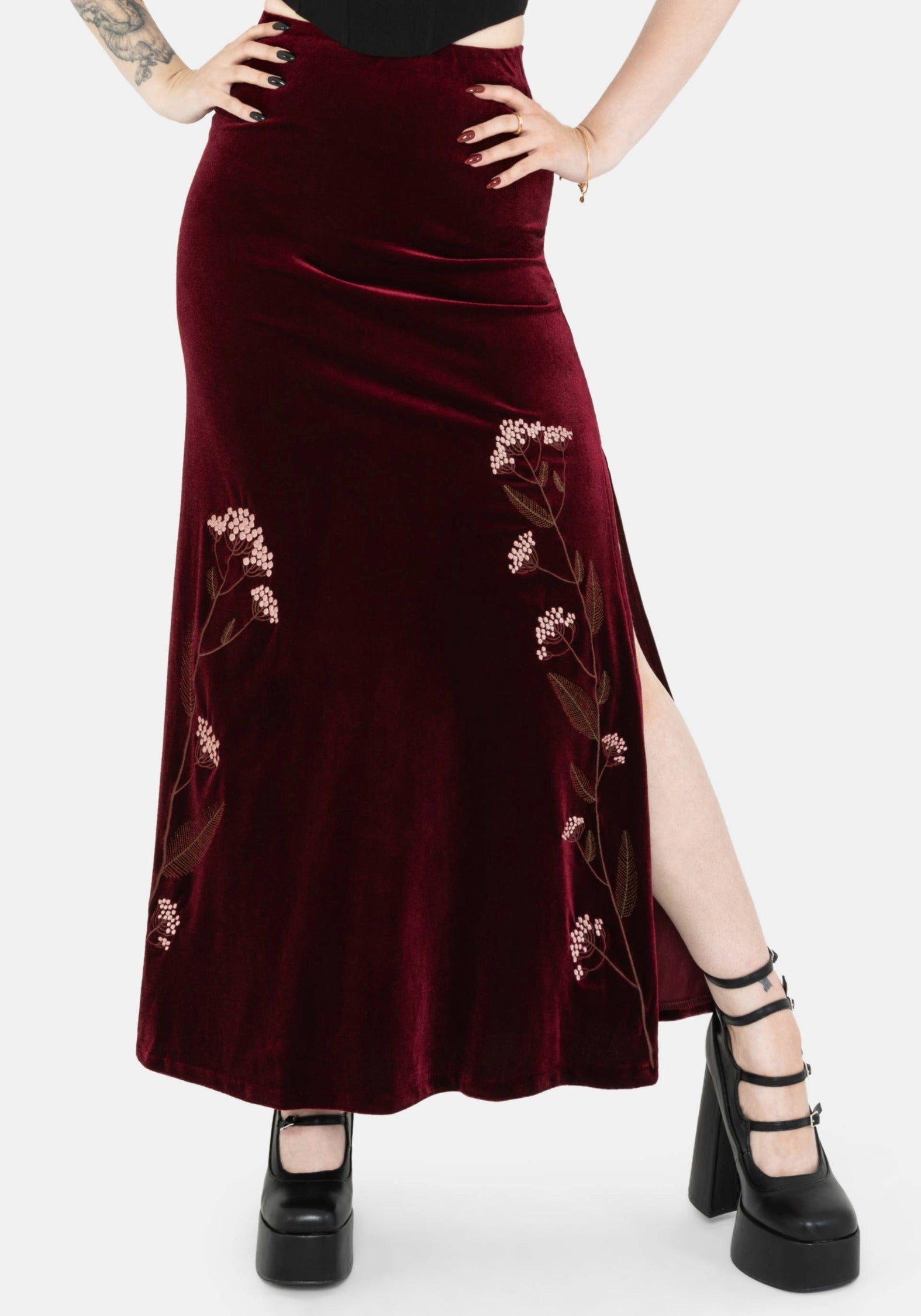 Virosa Blumenmuster Bestickt Velours Maxi Rock