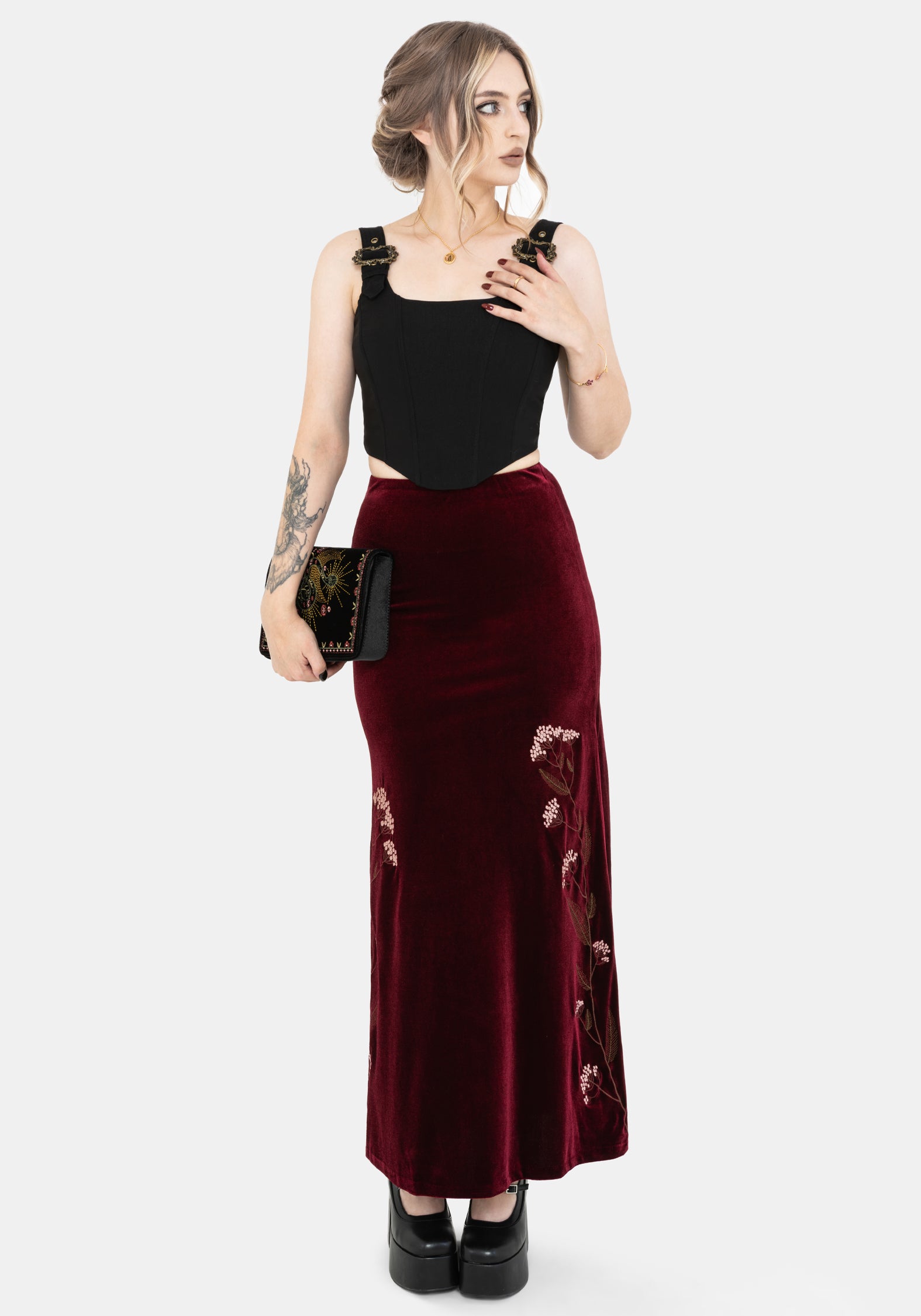 Virosa Blumenmuster Bestickt Velours Maxi Rock