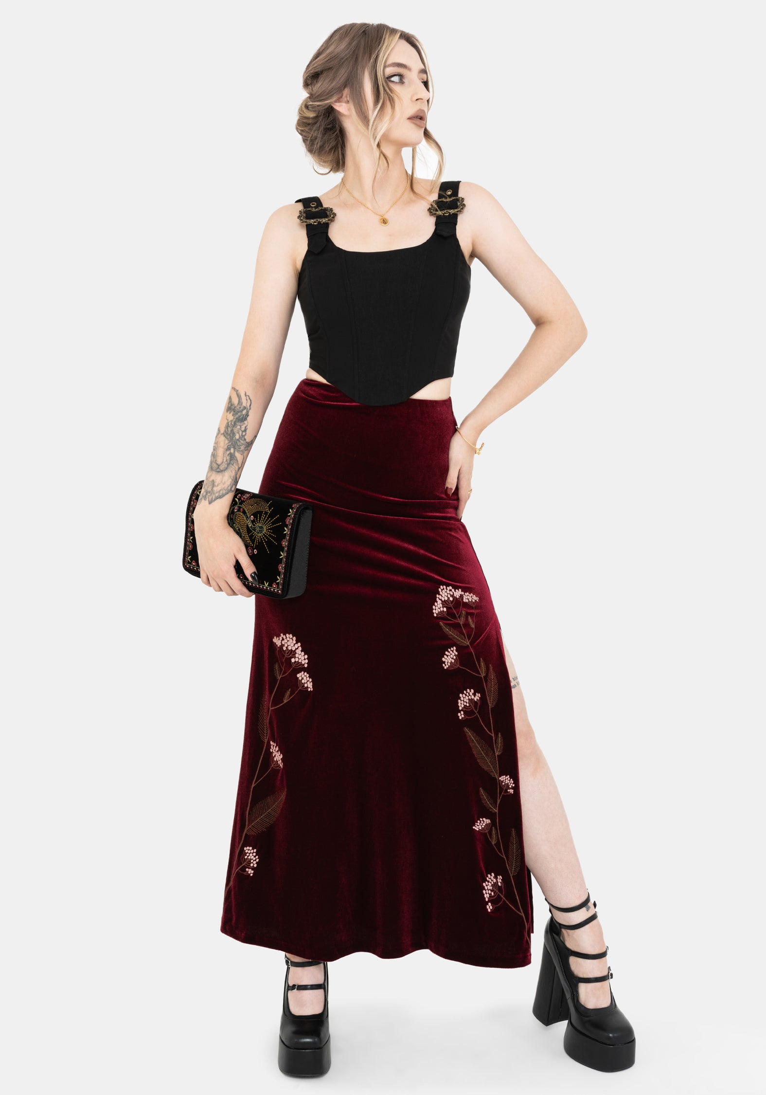 Virosa Blumenmuster Bestickt Velours Maxi Rock