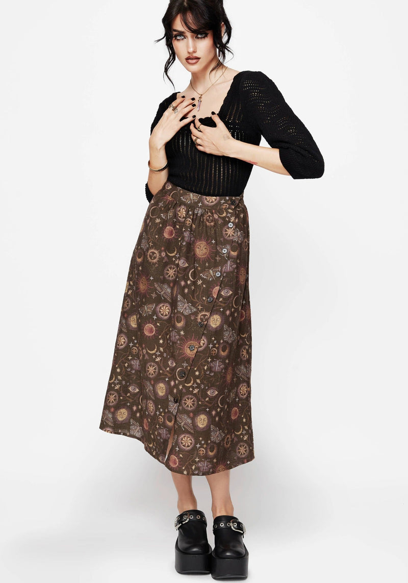 Rhea Baumwolle Mischung Motte Und Mond Druck Midaxi Rock