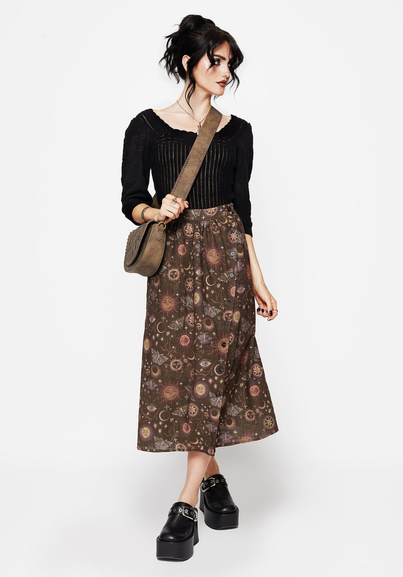 Rhea Baumwolle Mischung Motte Und Mond Druck Midaxi Rock