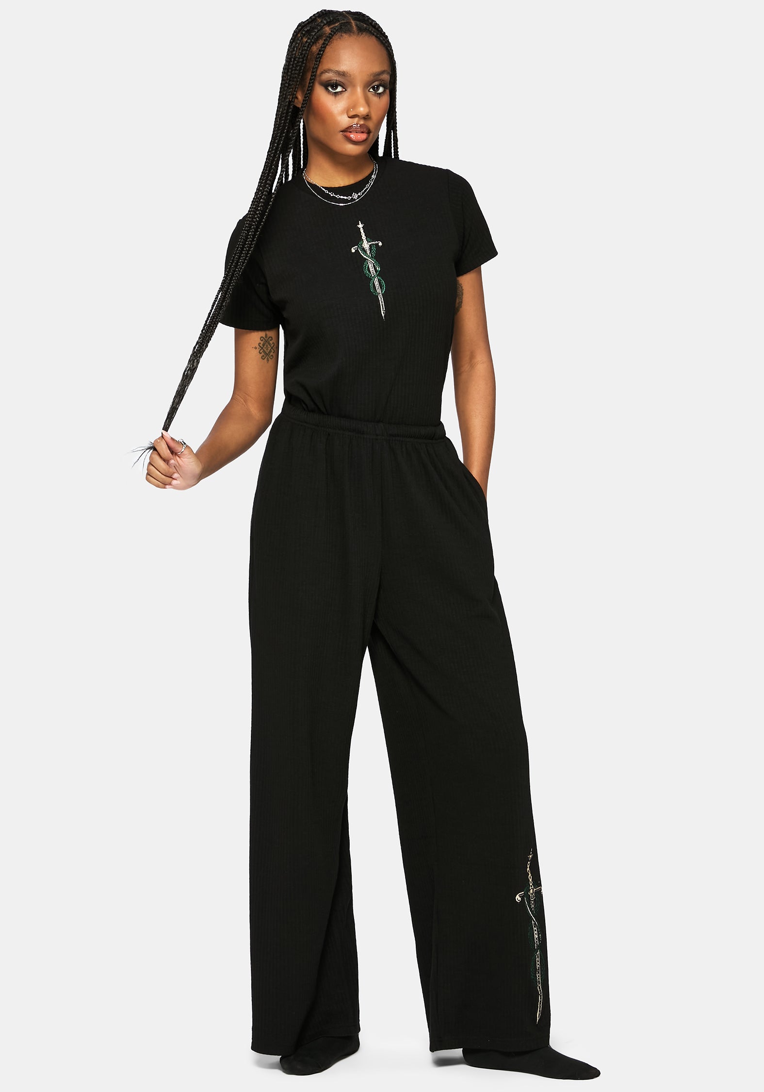 Aelin Sword Embroidered Short Sleeve Ribbed Top