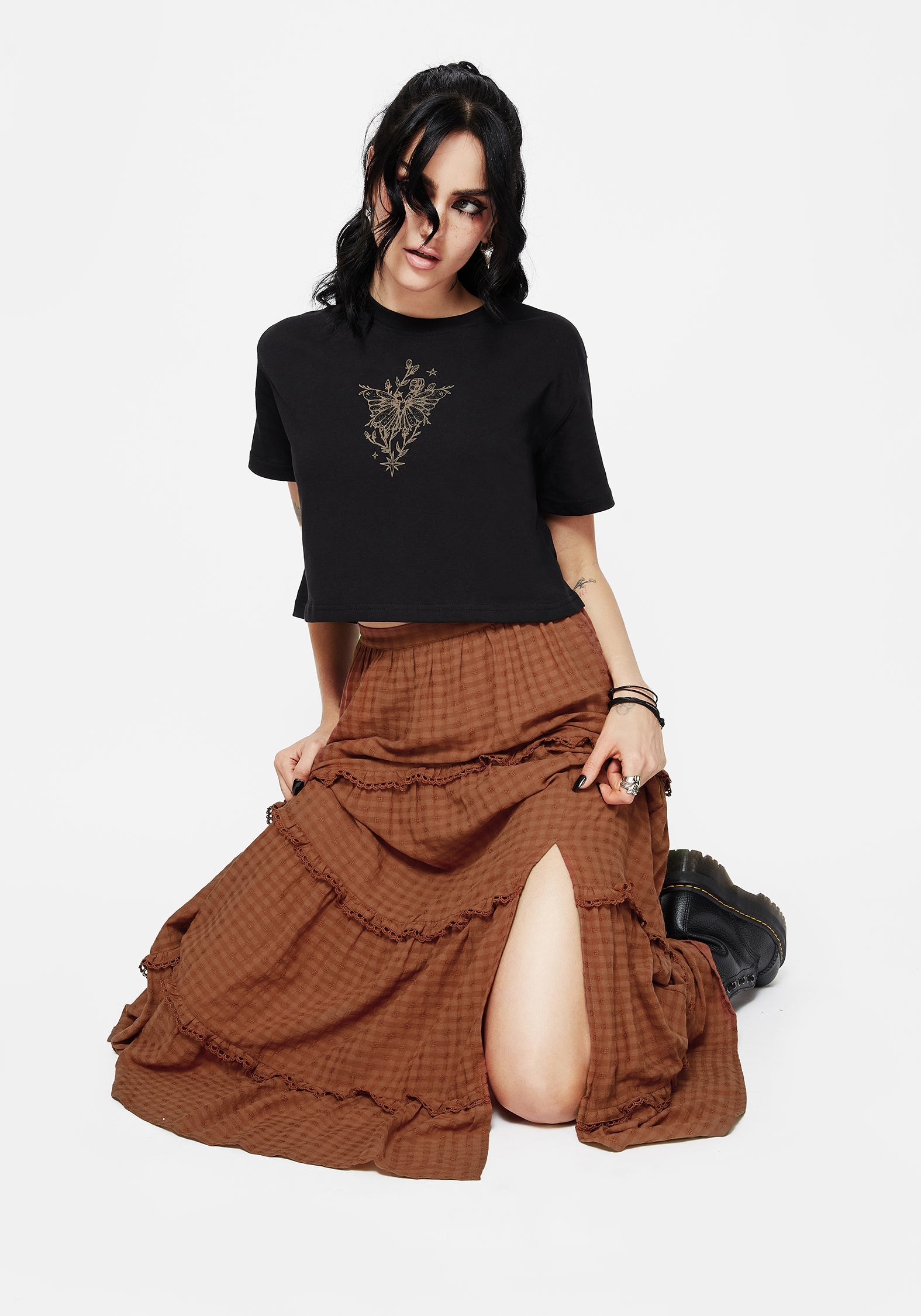 Soleil Cotton-Blend Prüfen Gestuft Maxi Rock